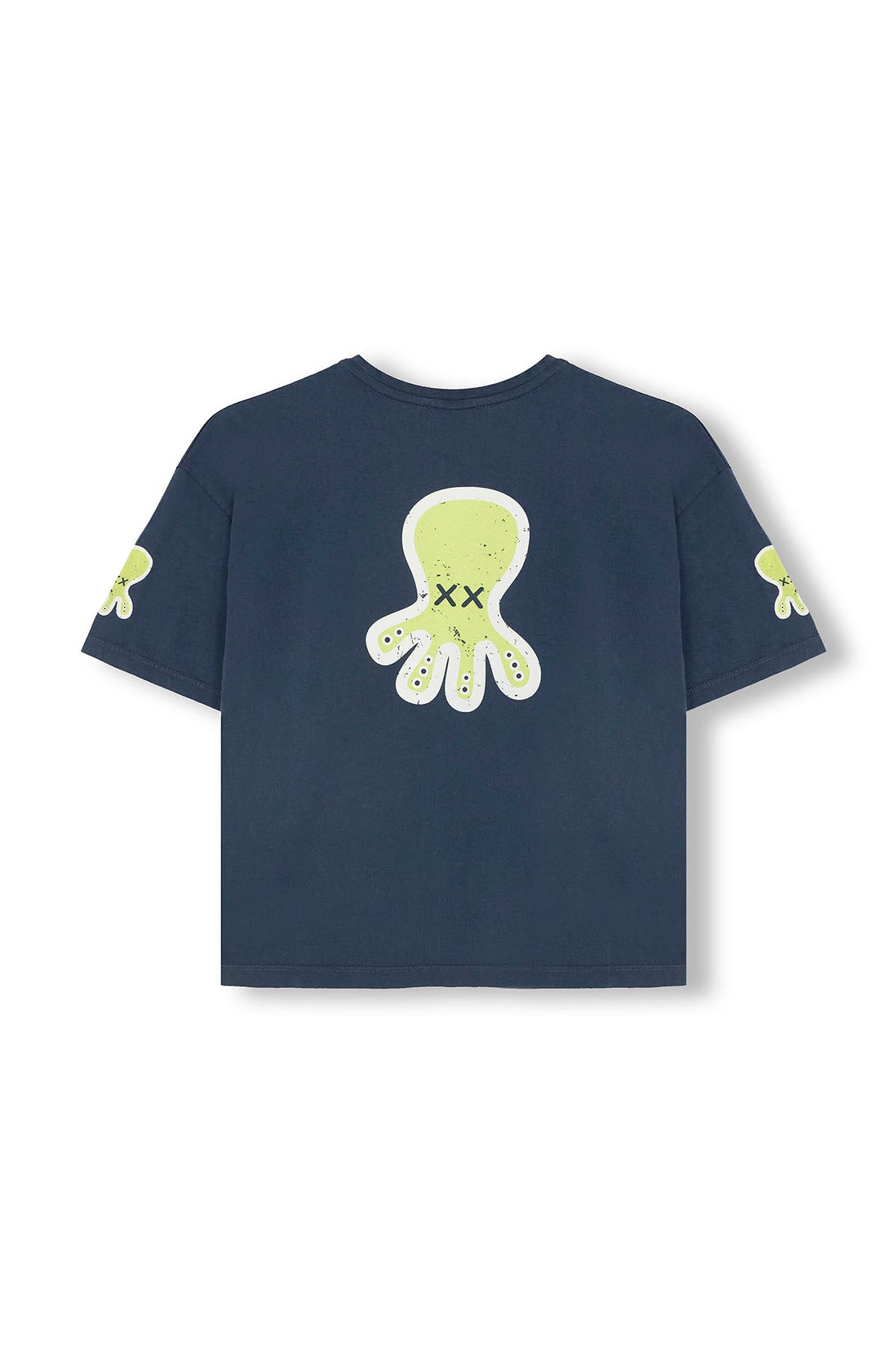 T-shirt infantil Delavé azul marinho com estampado triplo e logotipo grande