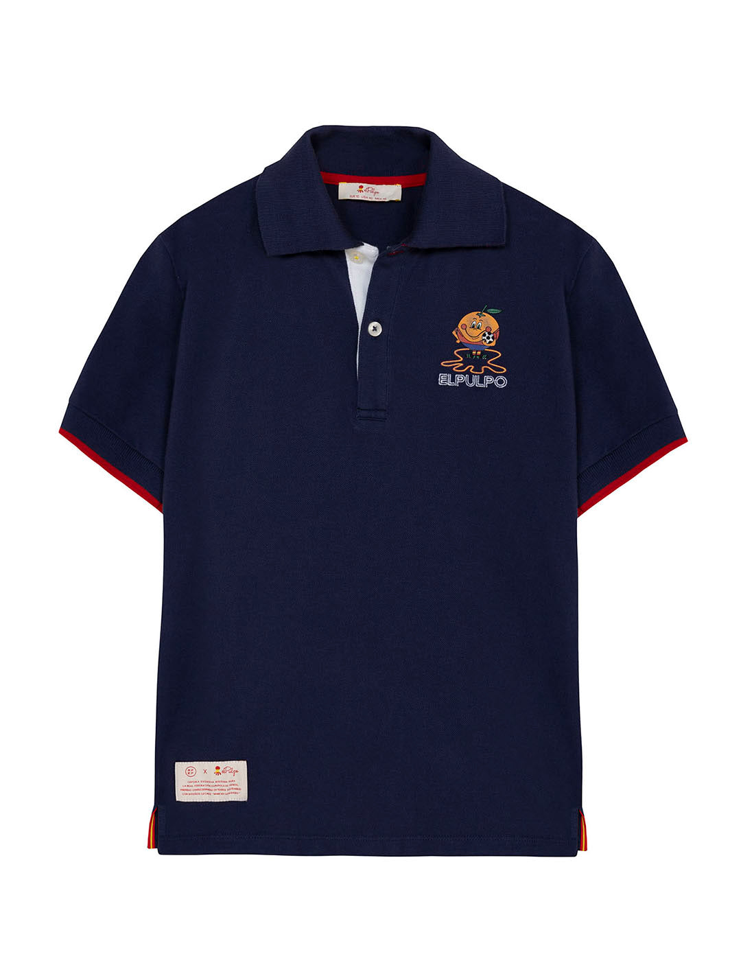 CAMISOLA POLO MENINA COM ESTAMPA DE POLVO E LARANJA COM CONTRASTES AZUL MARINHO