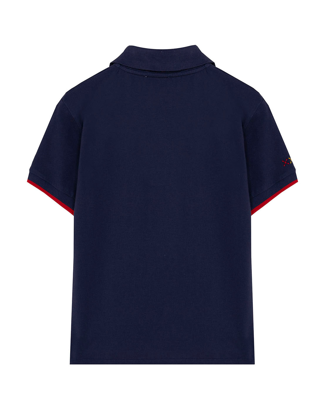 CAMISOLA POLO MENINA COM ESTAMPA DE POLVO E LARANJA COM CONTRASTES AZUL MARINHO