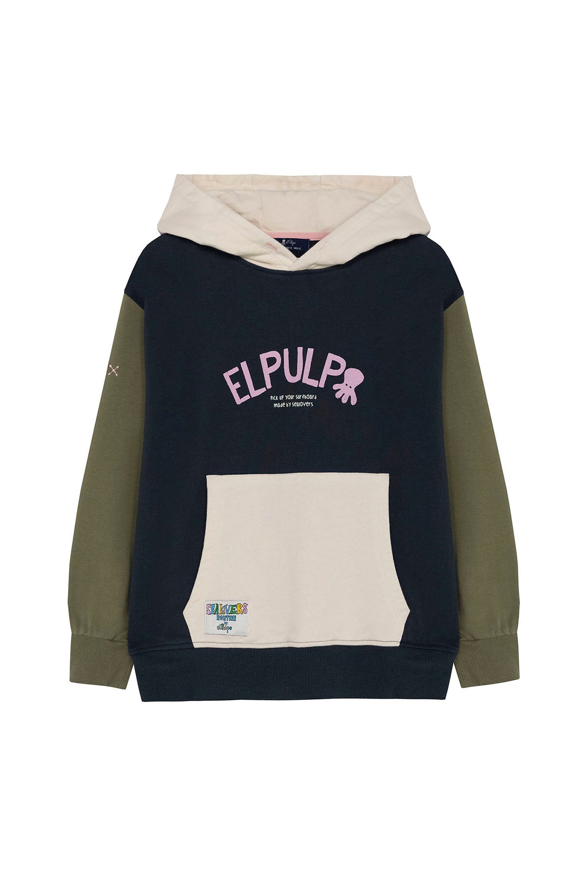 SUDADERA NIÑO CAPUCHA COLOR BLOCK ESTAMPADO AZUL MARINO