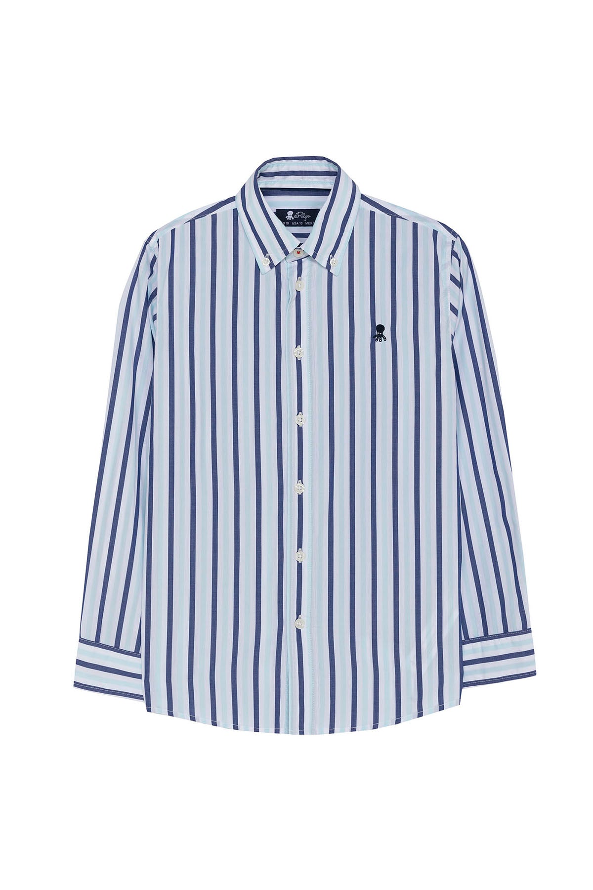 CAMISOLA DE POPELINA MENINA COM GOLA DE BOTÕES E RISCAS AZUL TURQUESA