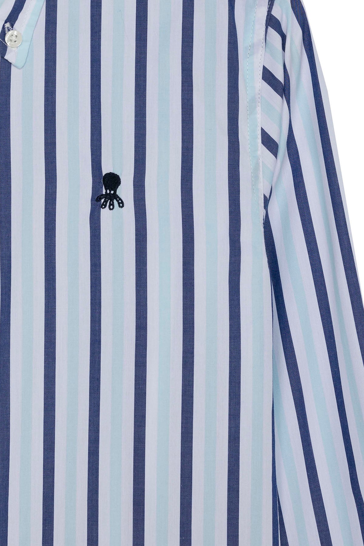 CAMISOLA DE POPELINA MENINA COM GOLA DE BOTÕES E RISCAS AZUL TURQUESA