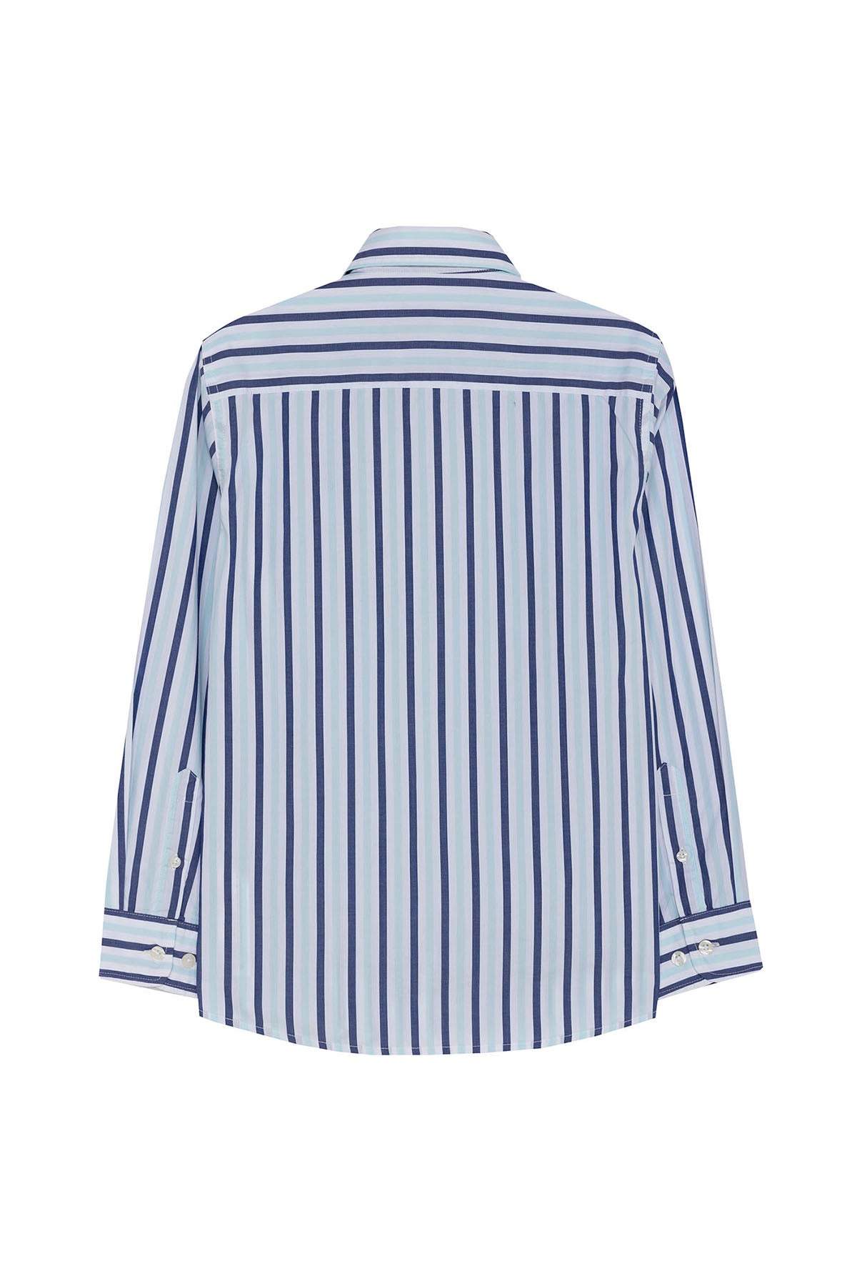 CAMISOLA DE POPELINA MENINA COM GOLA DE BOTÕES E RISCAS AZUL TURQUESA