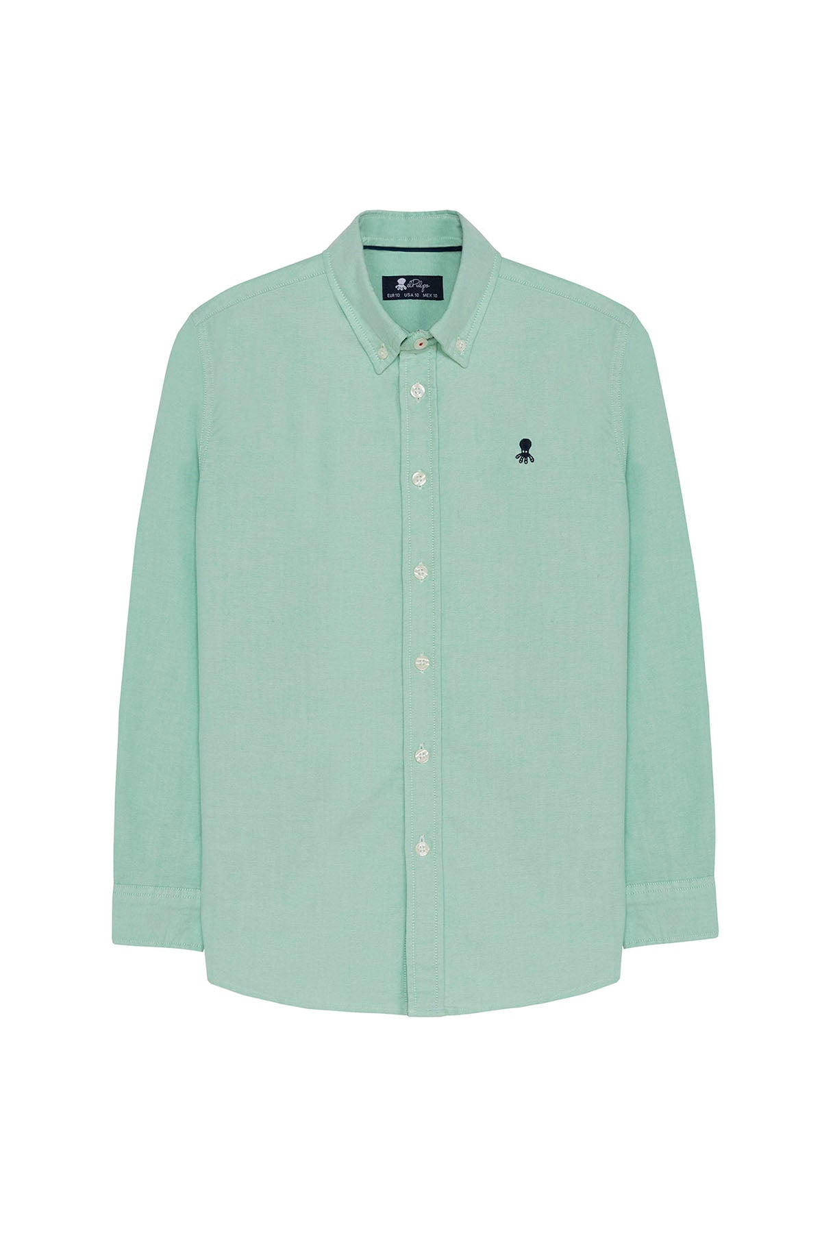 CAMISOLA OXFORD VERDE COM GOLA BOTADA PARA MENINO