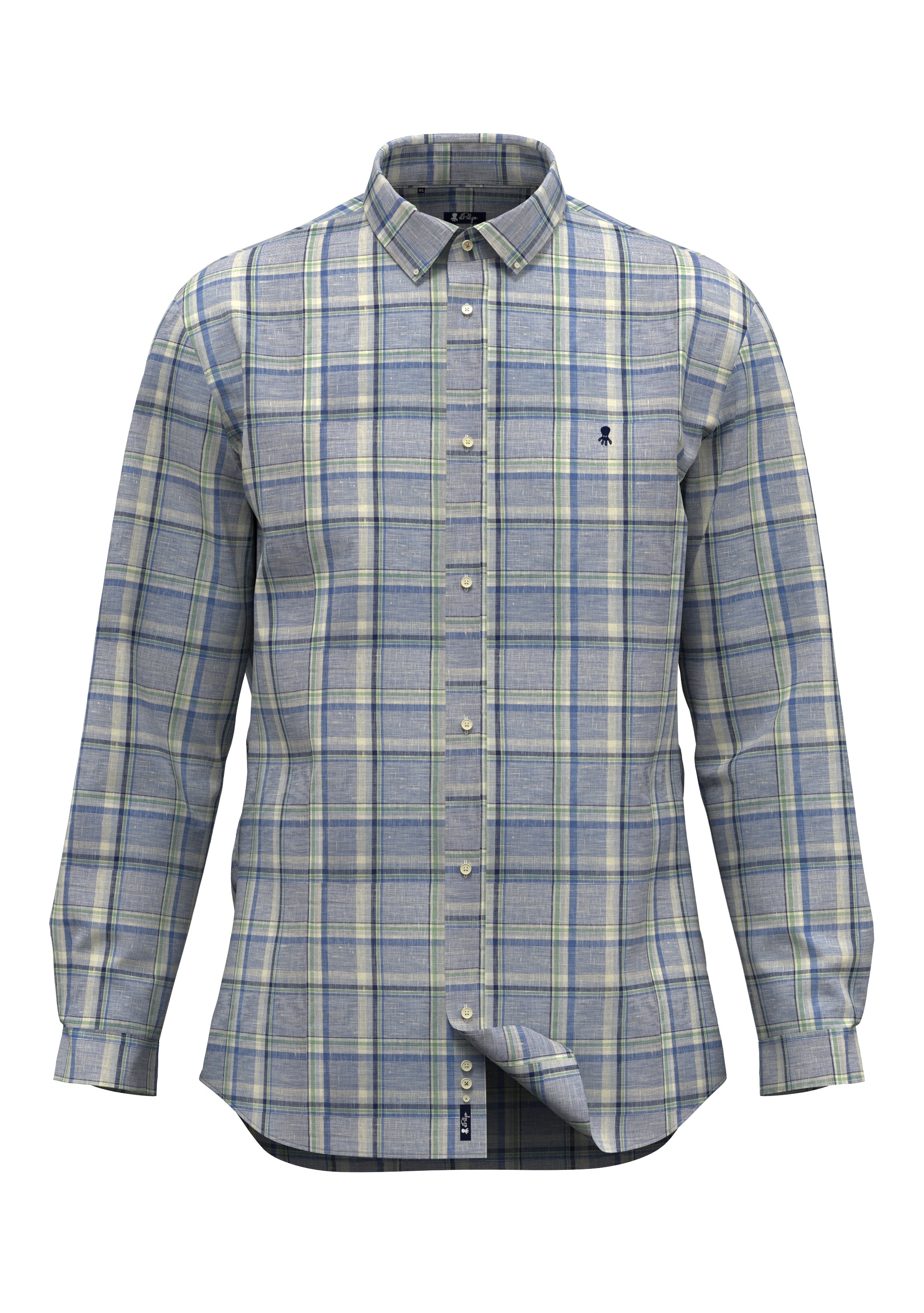 CAMISA CUELLO BOTÓN LINO CUADROS AZUL MULTICOLOR