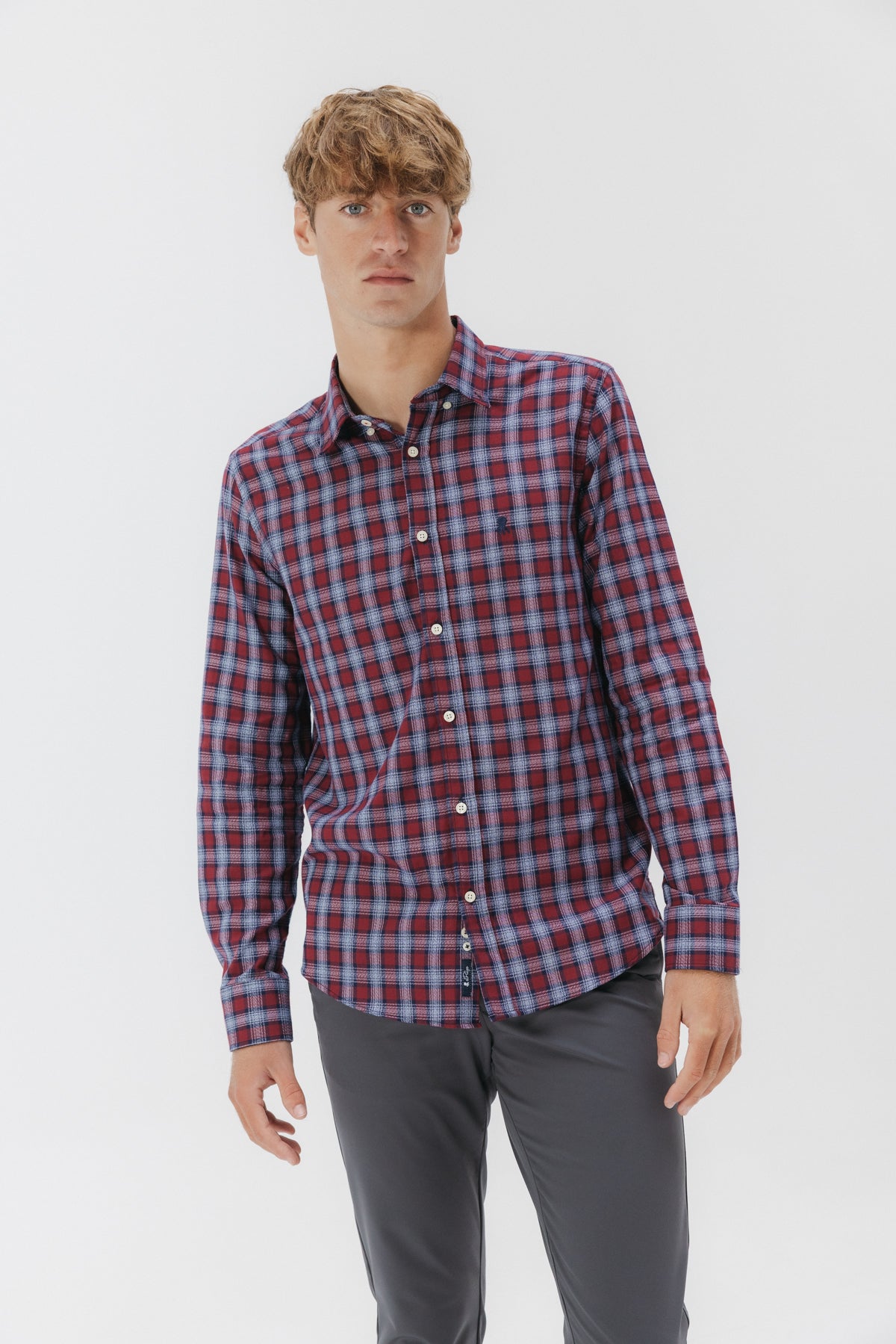 CAMISA CASUAL SARGA ESCOCÉS VERMELLÓN AZUL MARINO