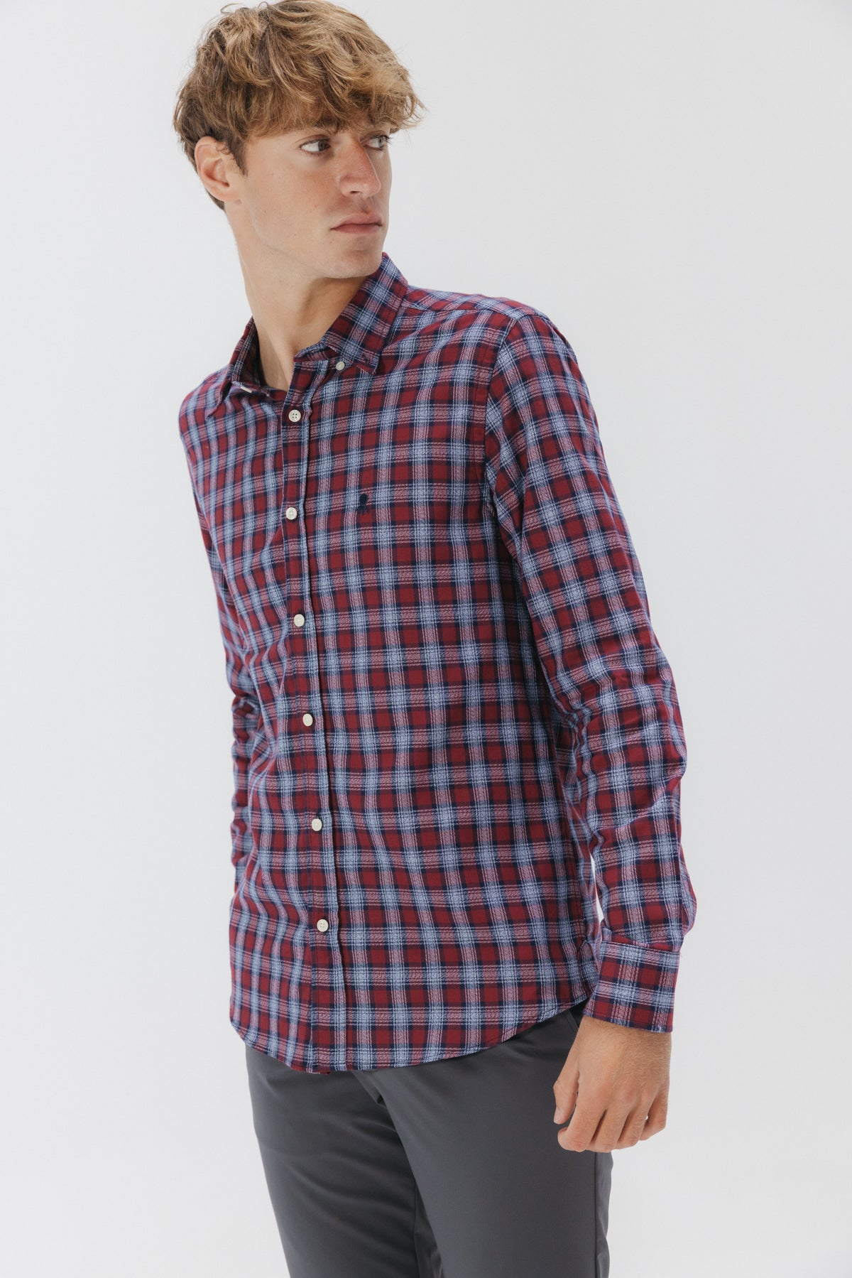 CAMISA CASUAL SARGA ESCOCÉS VERMELLÓN AZUL MARINO