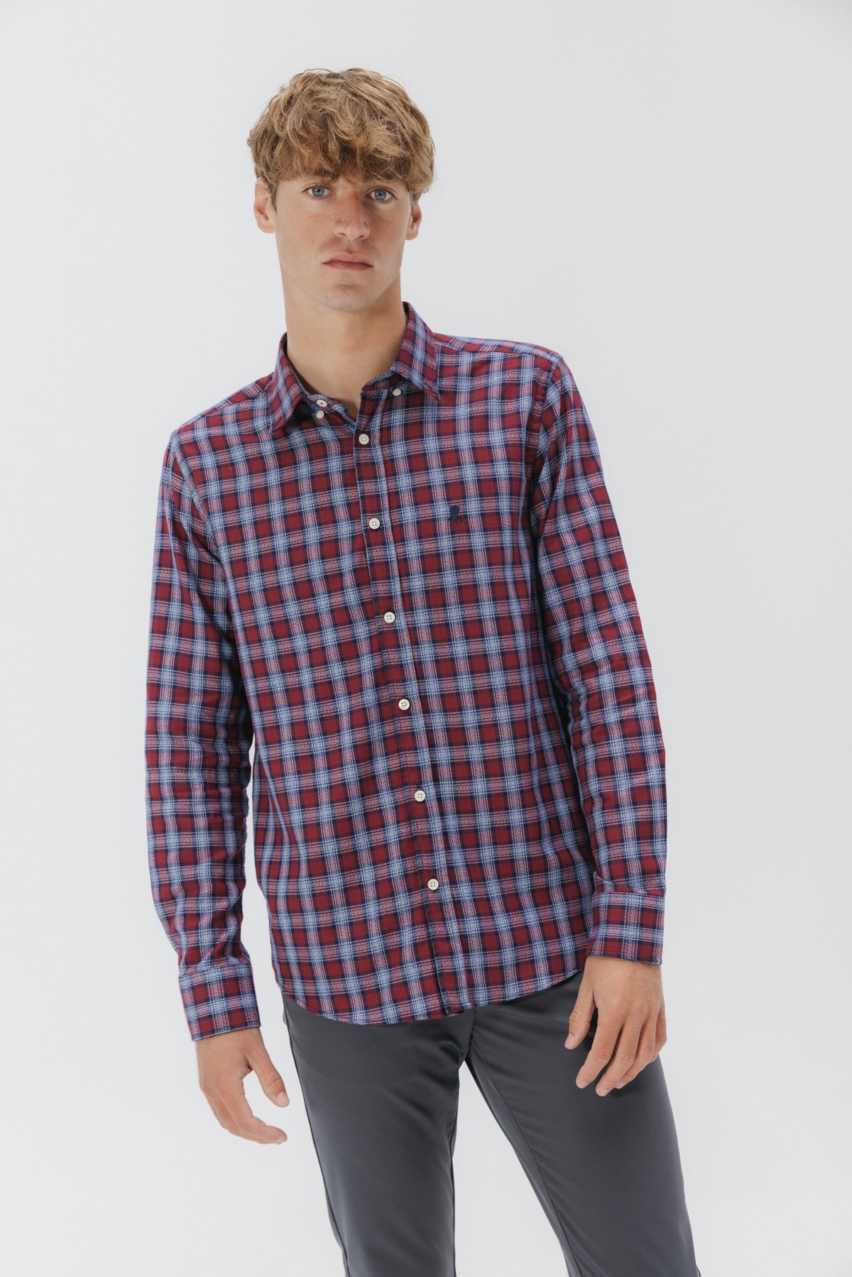 CAMISA CASUAL SARGA ESCOCÉS VERMELLÓN AZUL MARINO