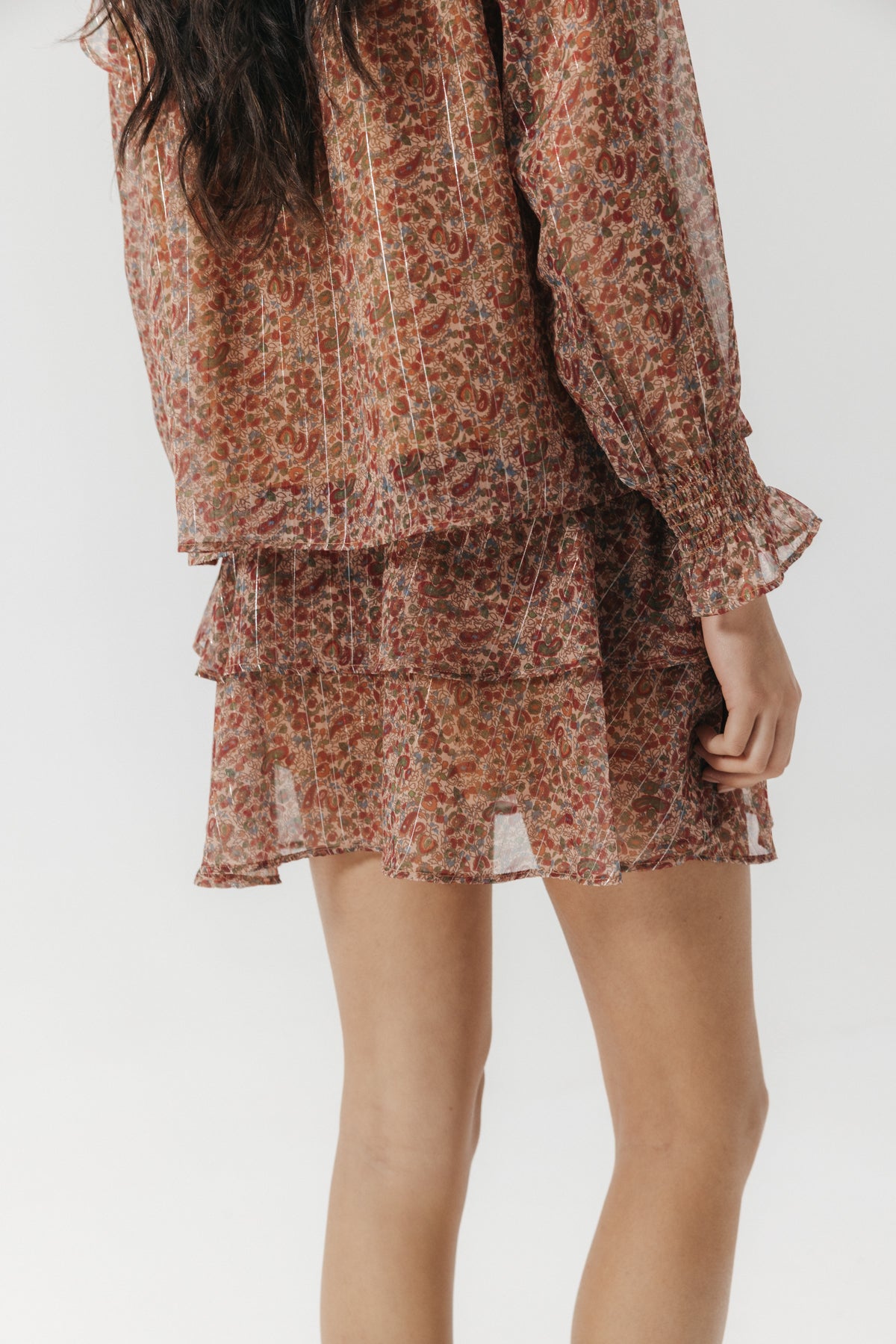 FALDA TEEN ESTAMPADO FLORAL VOLANTES CAMEL