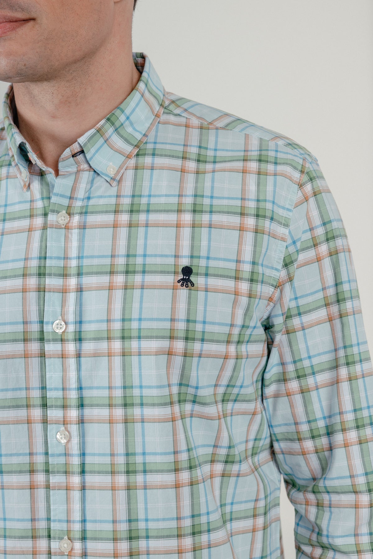 Camisa casual popelín cuadro verde agua