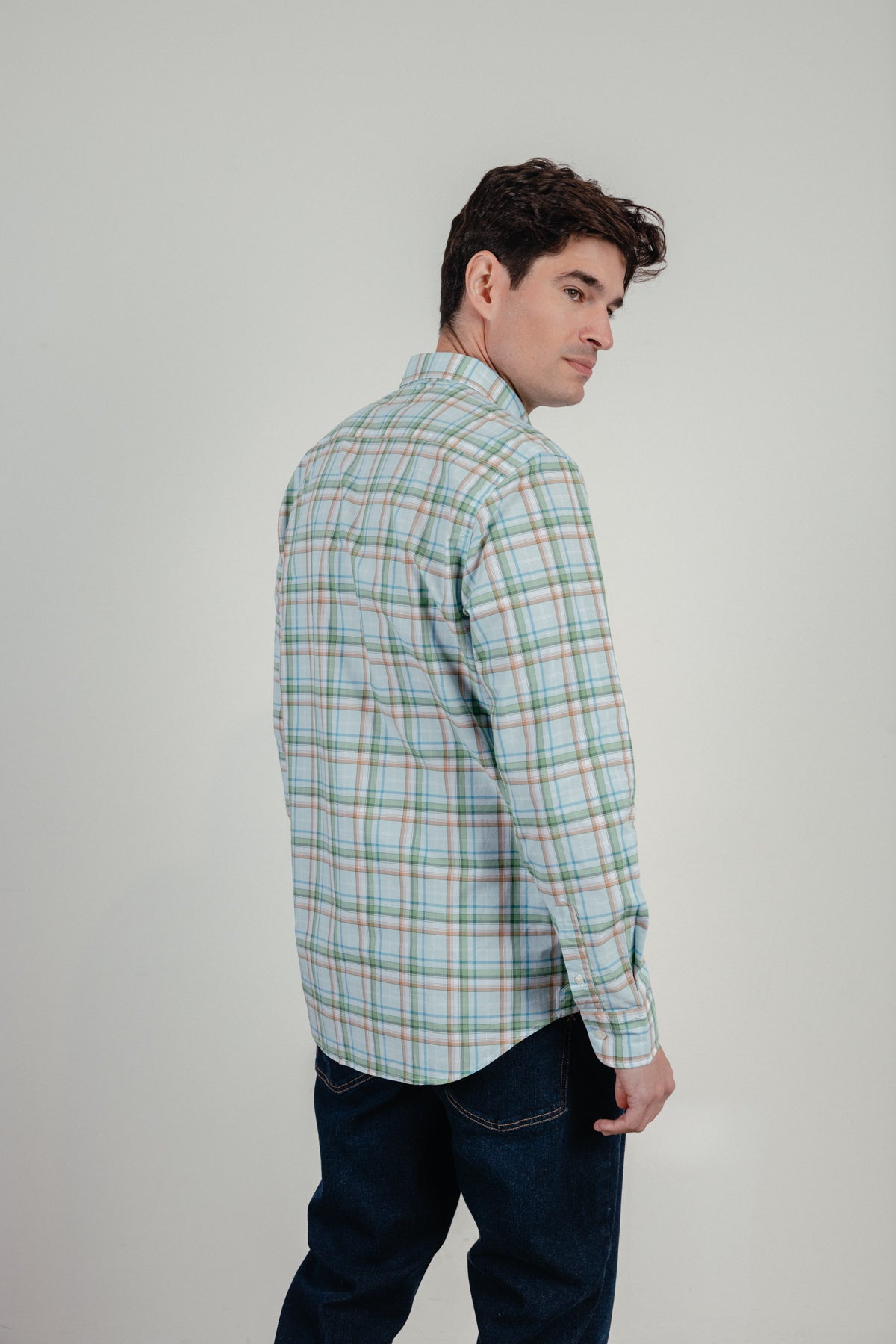 Camisa casual popelín cuadro verde agua