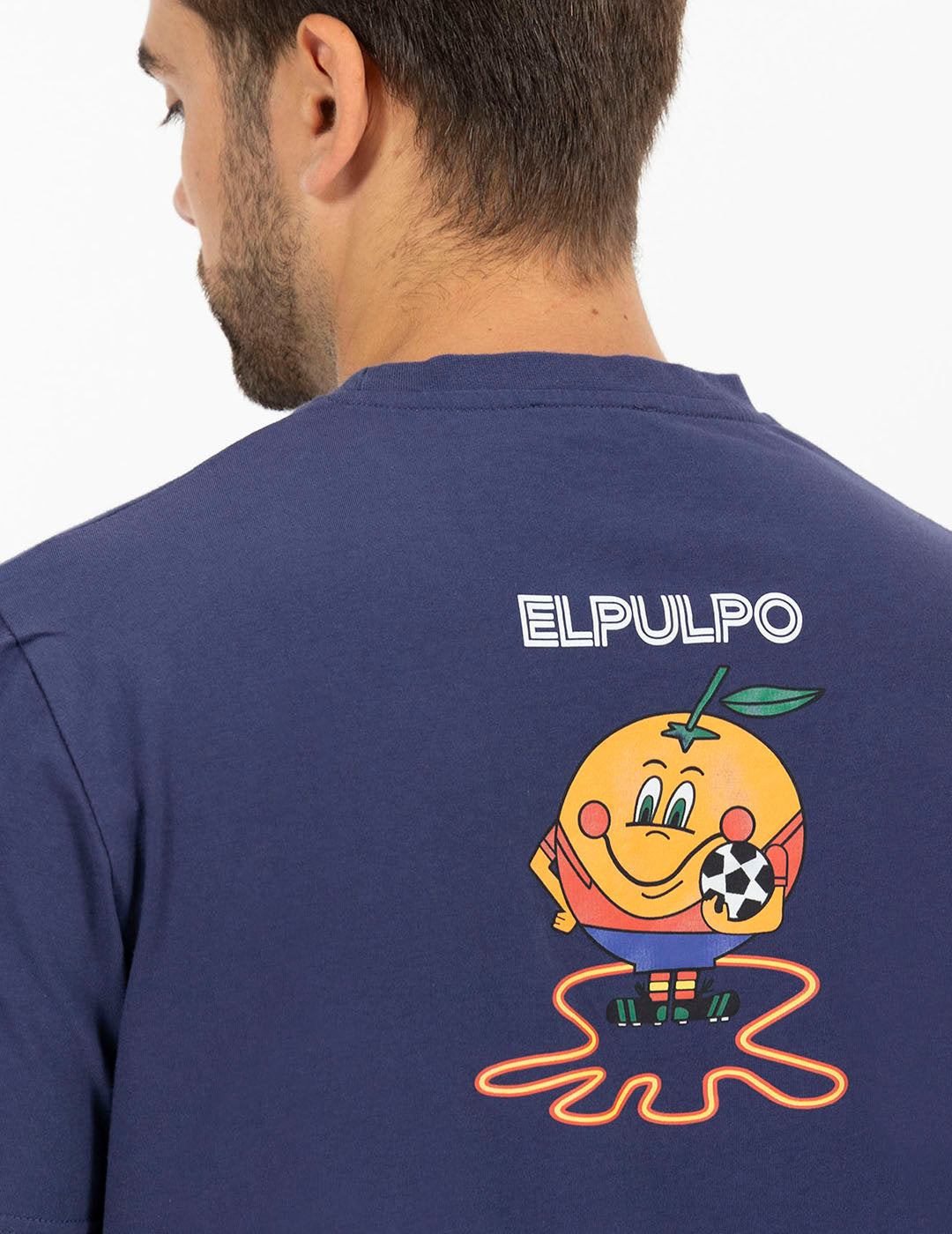 T-SHIRT DELAVÉ COM TRIPLA ESTAMPA AZUL MARINHO E LARANJA