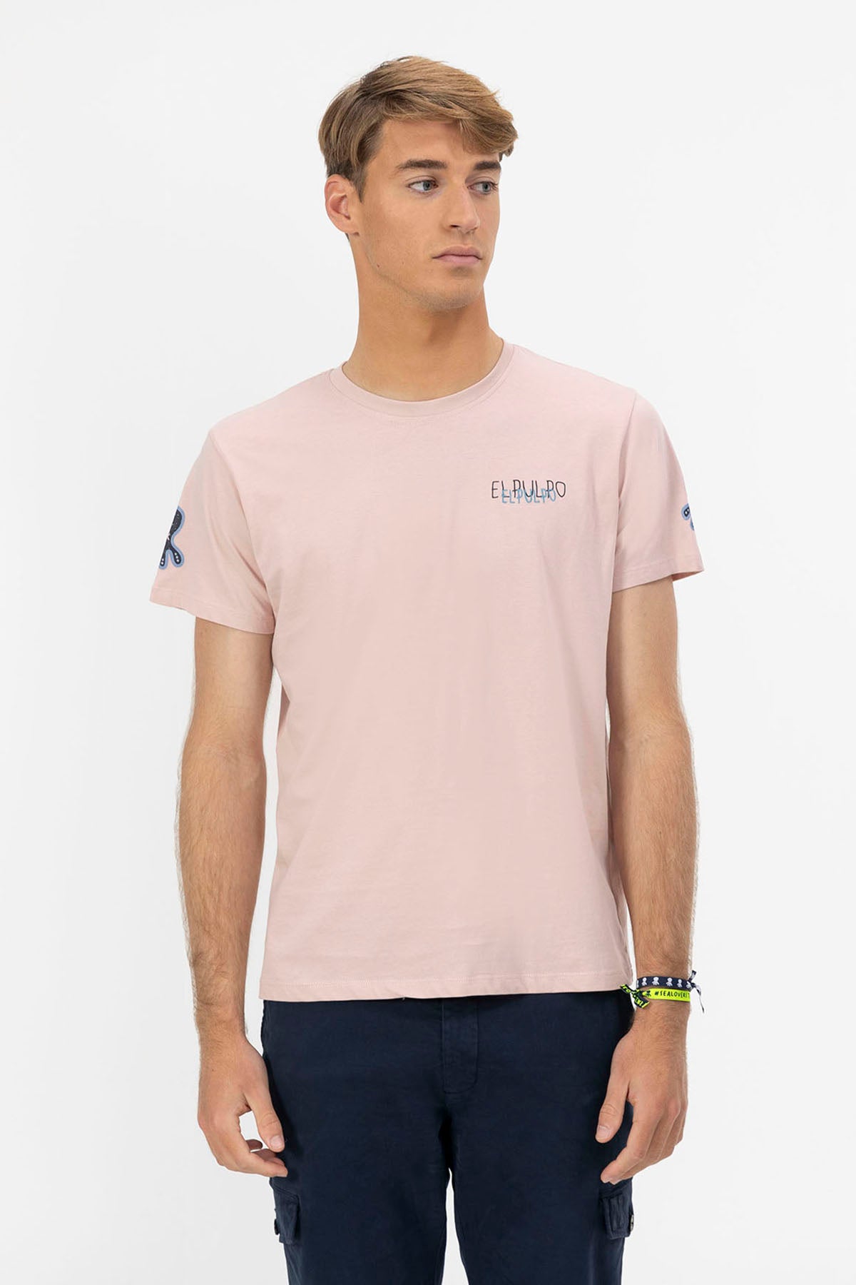 CAMISETA ESTAMPADO TRIPLE LOGO DESGASTADO ROSA DELAVÉ