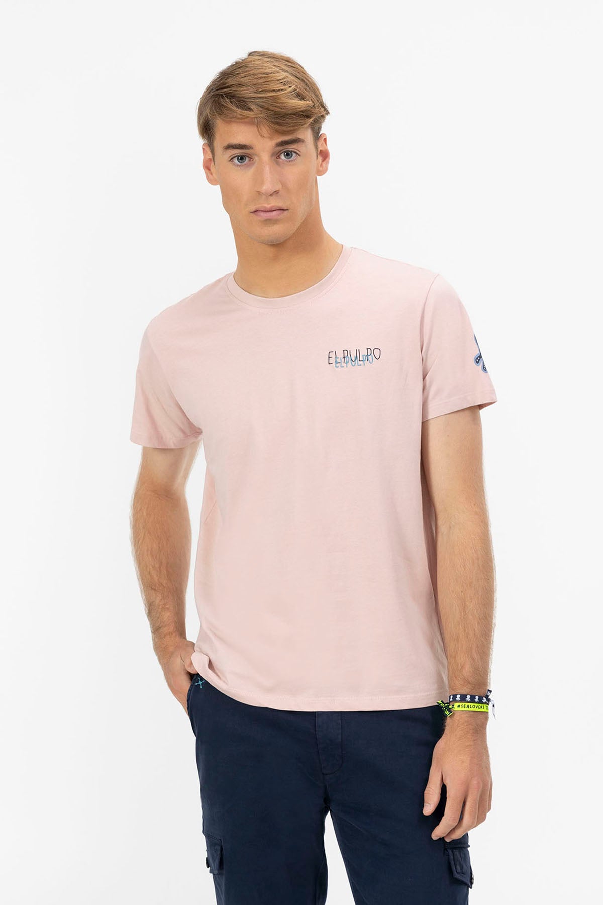 CAMISETA ESTAMPADO TRIPLE LOGO DESGASTADO ROSA DELAVÉ