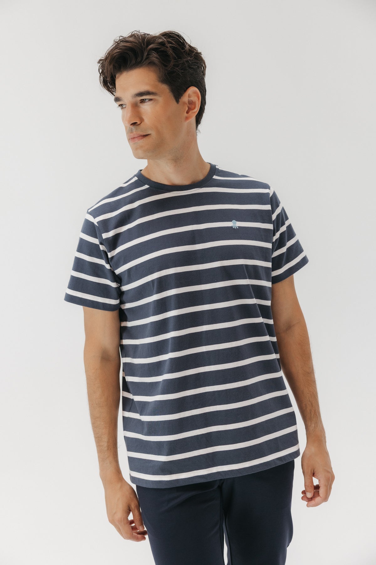 CAMISETA BÁSICA BORDADO RAYAS AZUL MARINO