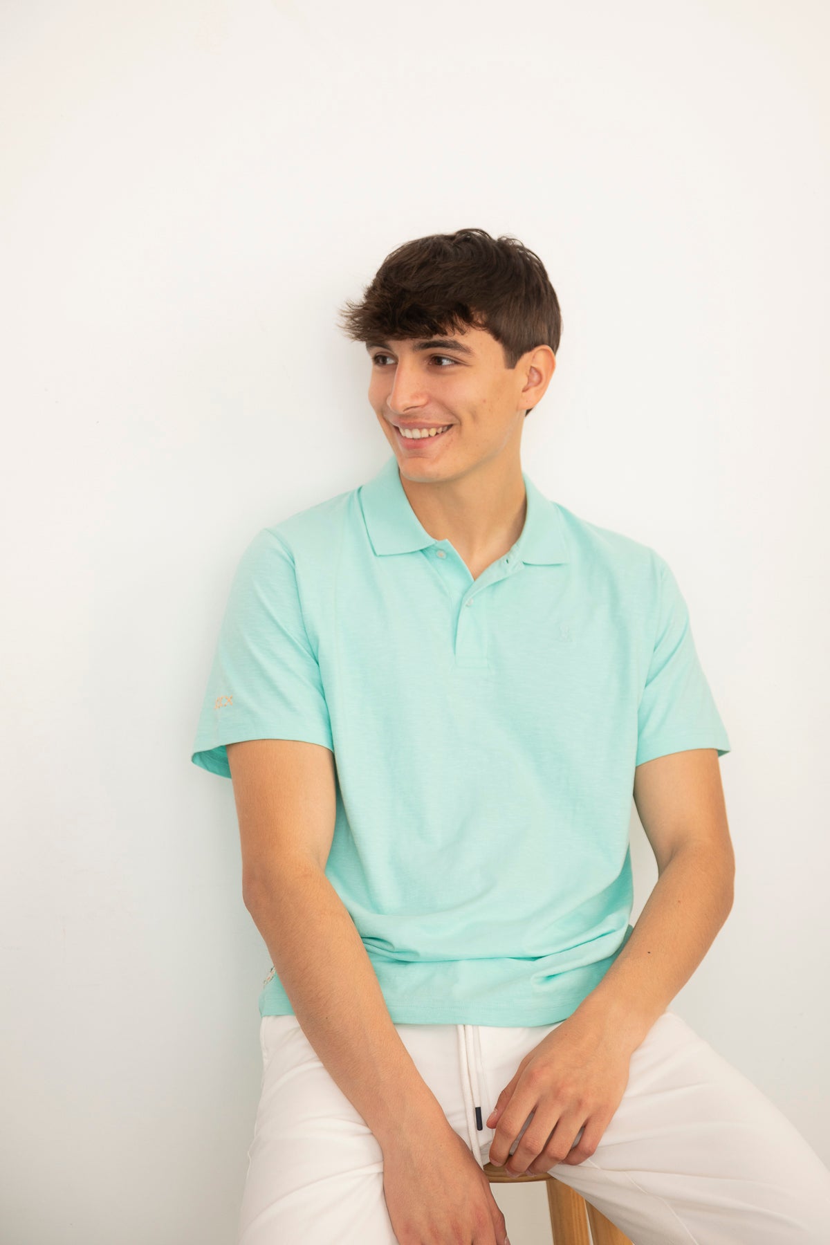Polo cotton slub logo a tono verde agua