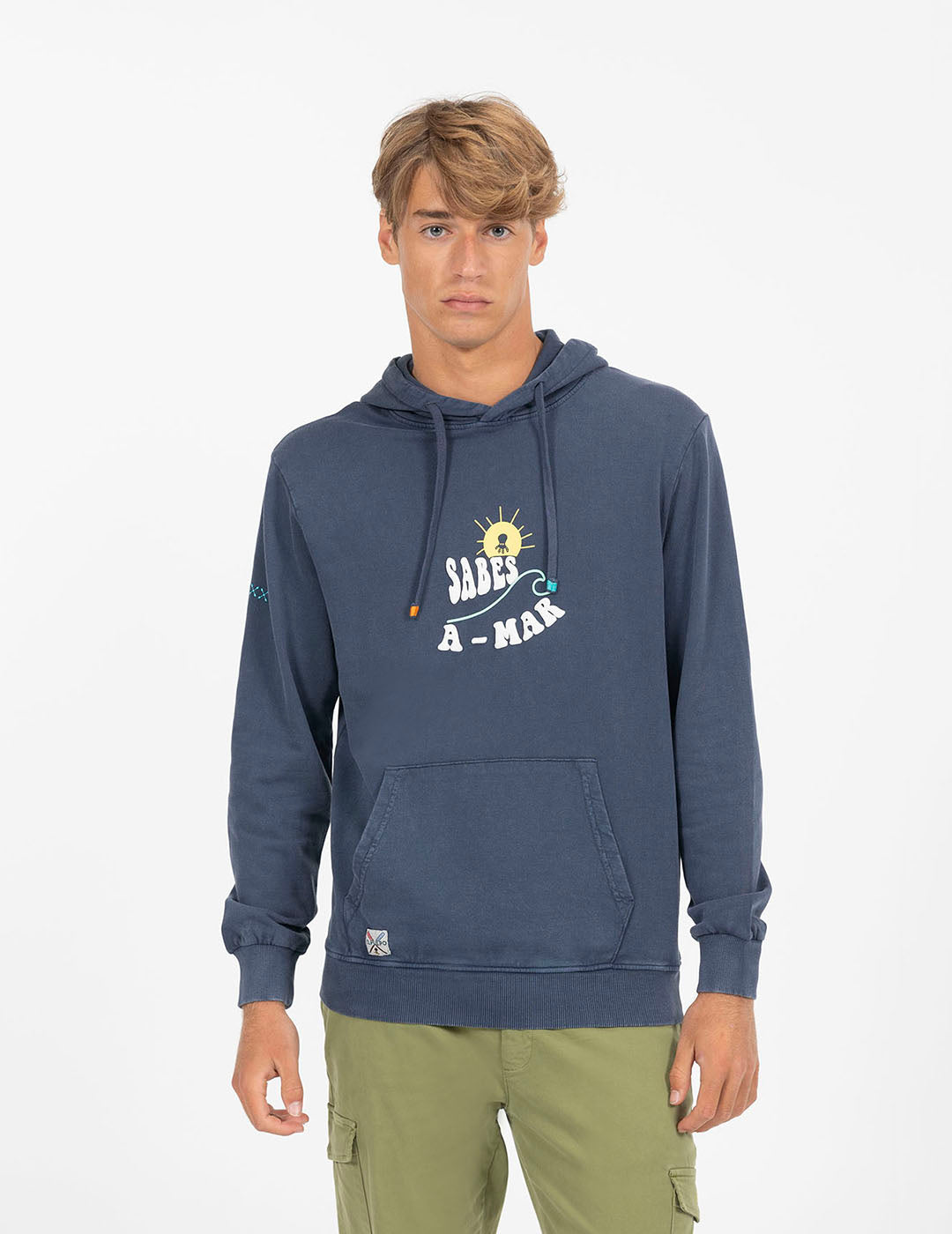 DELAVÉ NAVY BLUE YOU KNOW THE SEA PRINT HOODED SWEATSHIRT