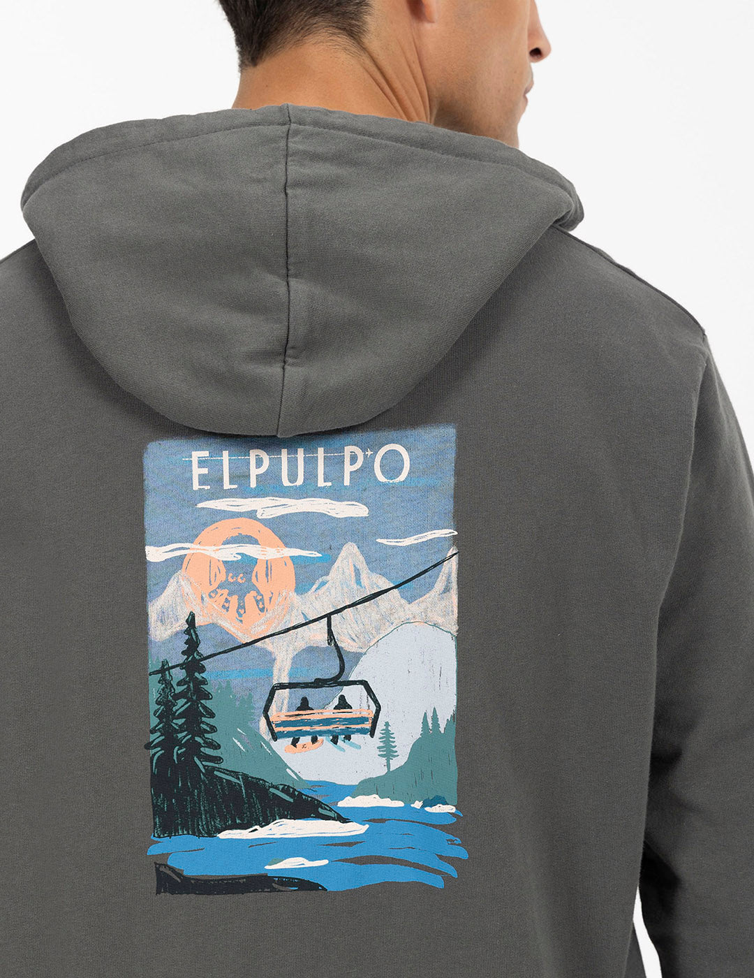 HOODED SWEATSHIRT LANDSCAPE PRINT CHAIRLIFT CHARCOAL