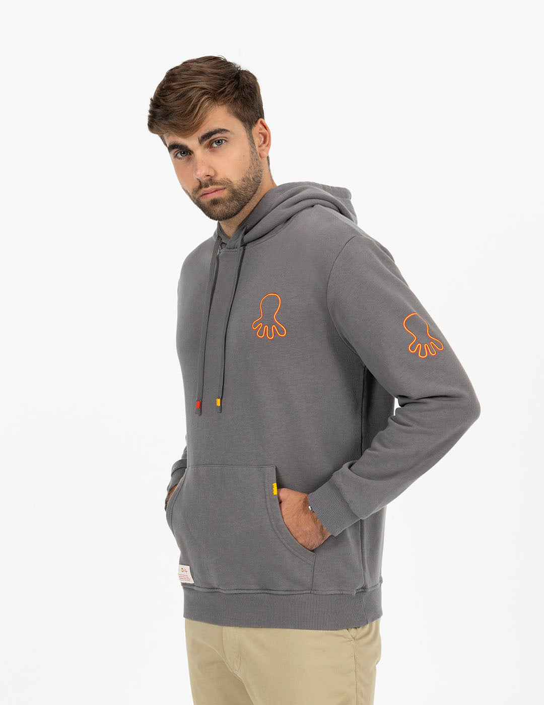 TRIPLE LOGO PRINT HOODIE IN CHARCOAL ORANGE