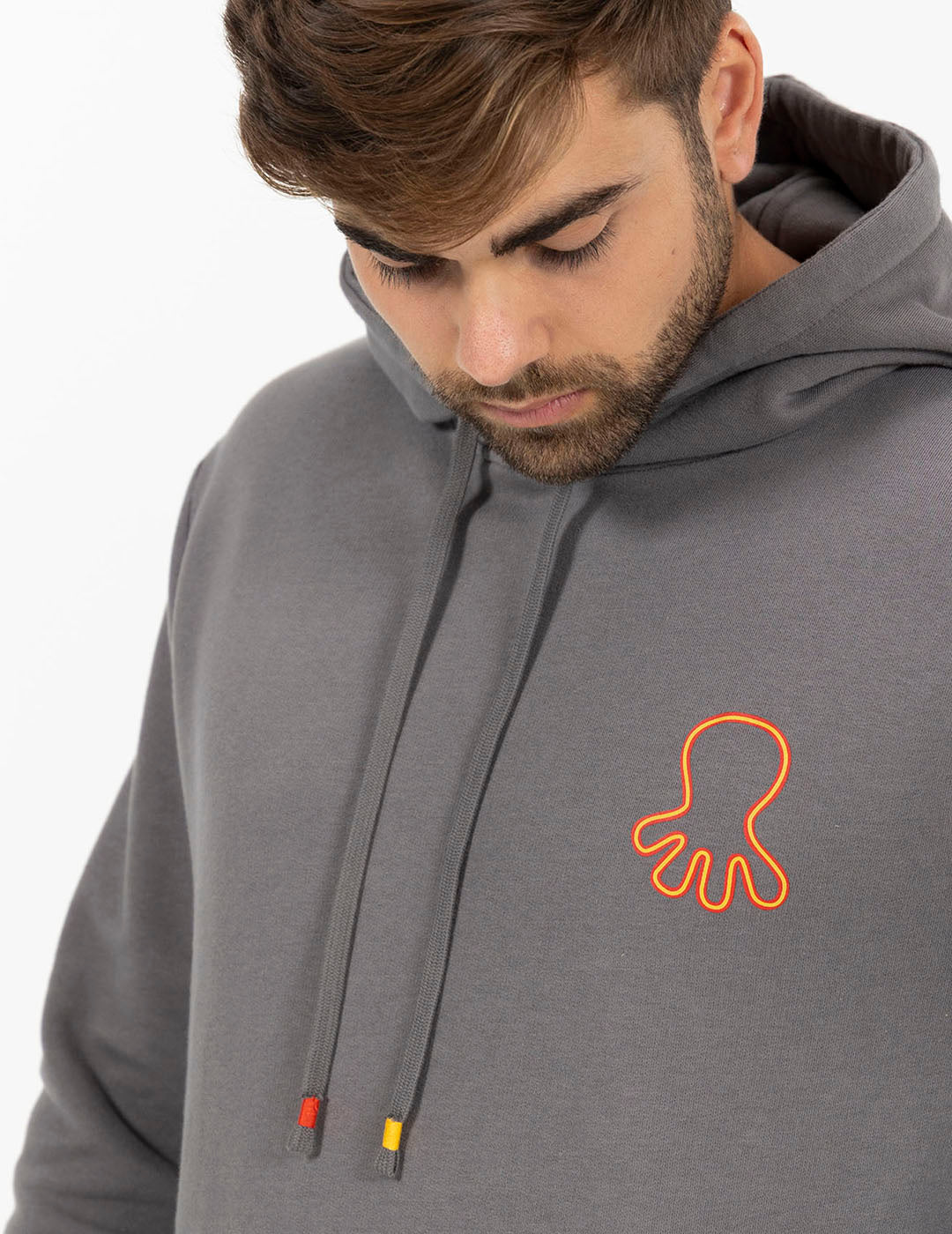 TRIPLE LOGO PRINT HOODIE IN CHARCOAL ORANGE