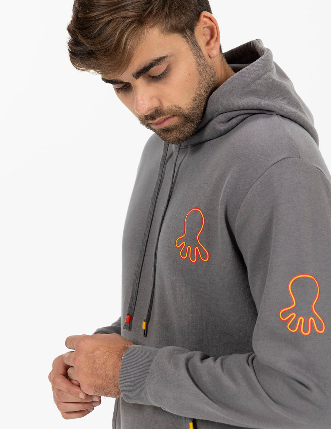 TRIPLE LOGO PRINT HOODIE IN CHARCOAL ORANGE