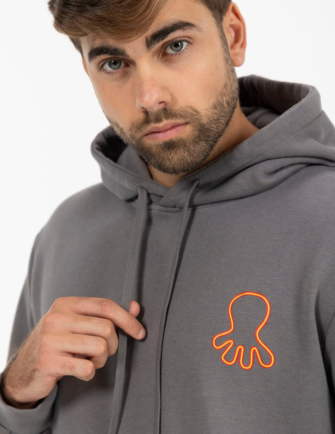 TRIPLE LOGO PRINT HOODIE IN CHARCOAL ORANGE