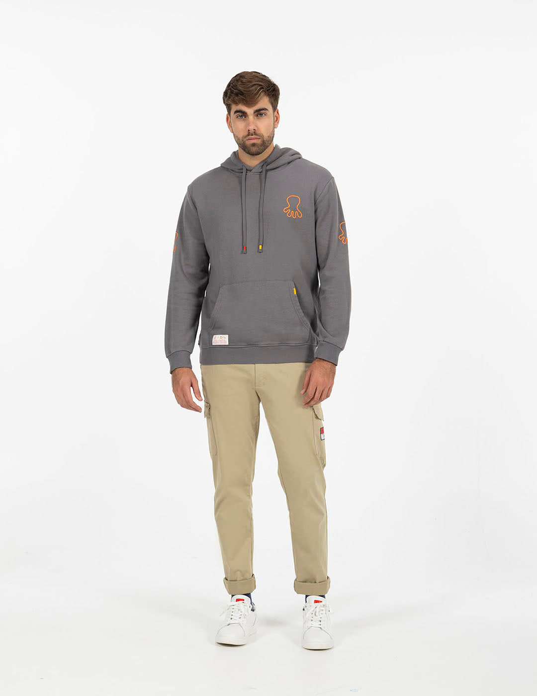 TRIPLE LOGO PRINT HOODIE IN CHARCOAL ORANGE