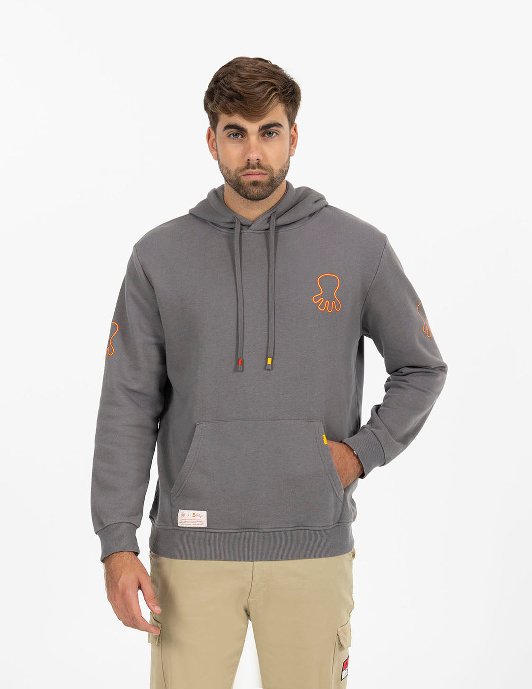 TRIPLE LOGO PRINT HOODIE IN CHARCOAL ORANGE