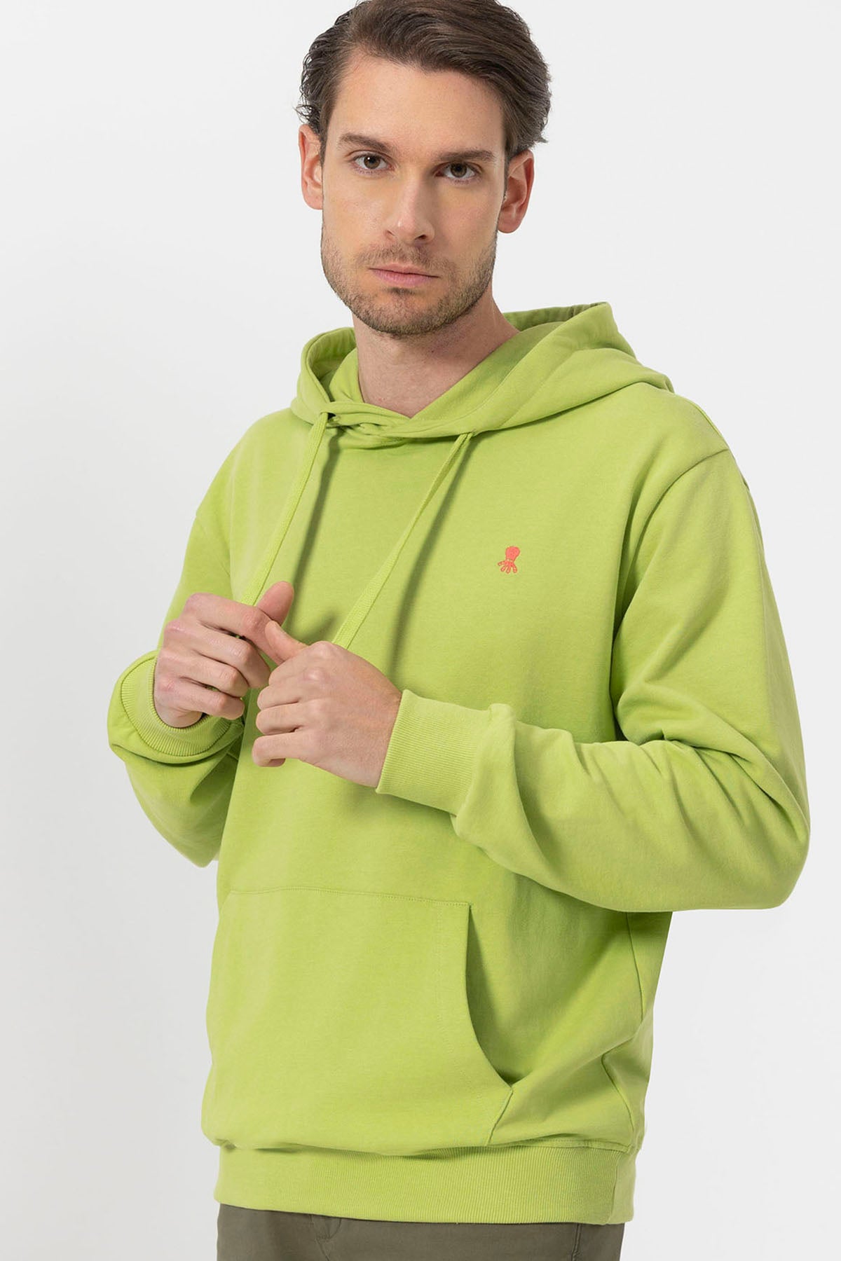 BASIC HOODED SWEATSHIRT WITH CONTRAST EMBROIDERY IN PISTACHIO GREEN