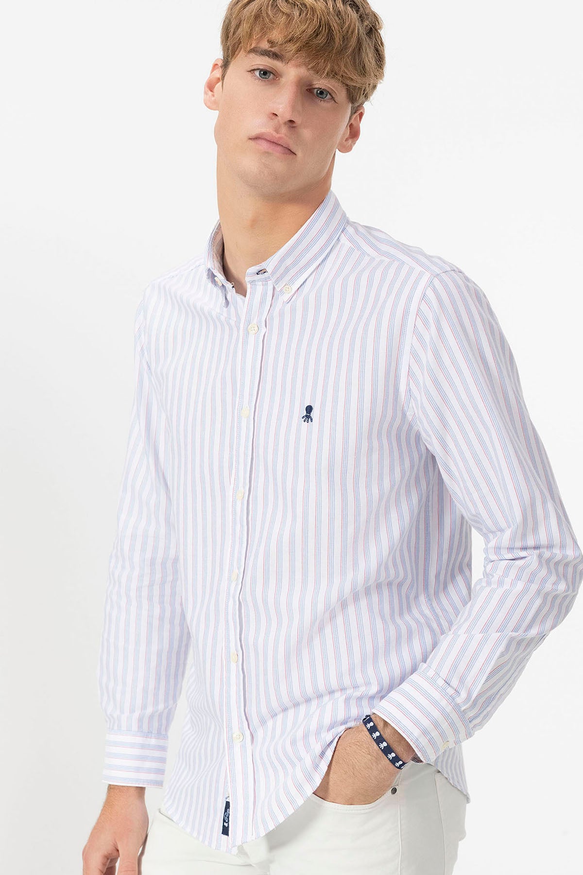 OXFORD BUTTON COLLAR SHIRT WITH MULTICOLOR BLUE STRIPES