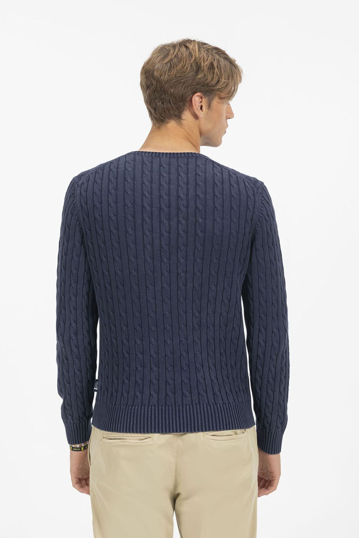 DELAVÉ NAVY BLUE WASHED CABLE KNIT SWEATER