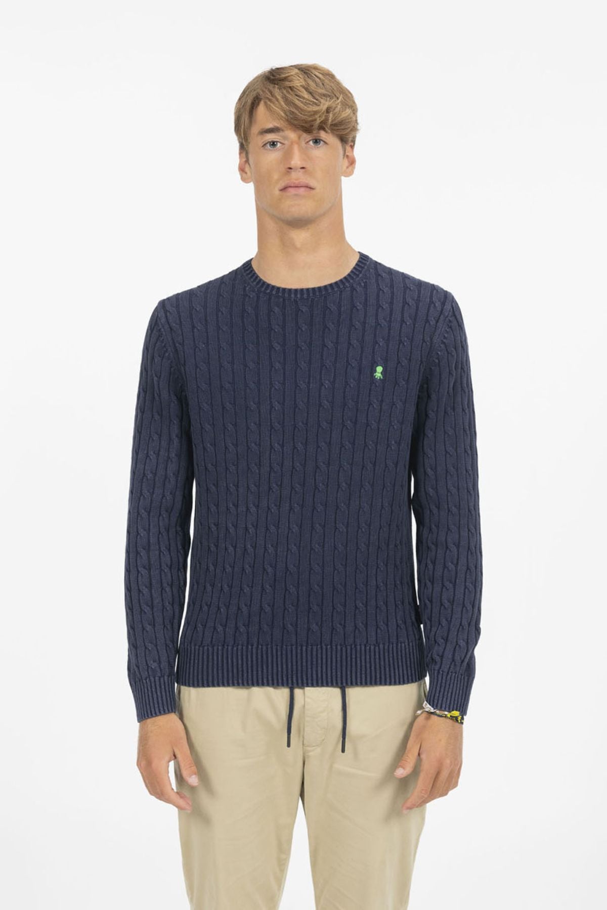 DELAVÉ NAVY BLUE WASHED CABLE KNIT SWEATER