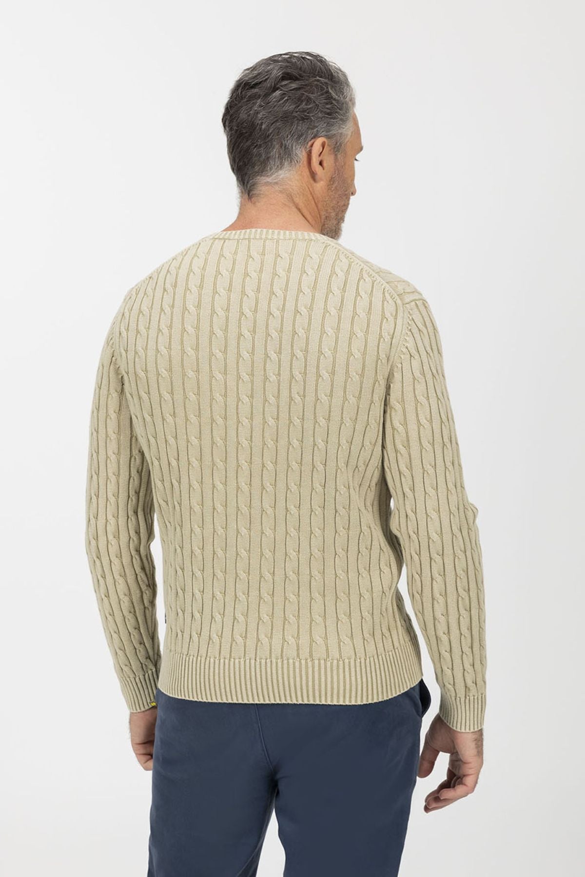 KHAKI GREEN WASHED CABLE KNIT SWEATER