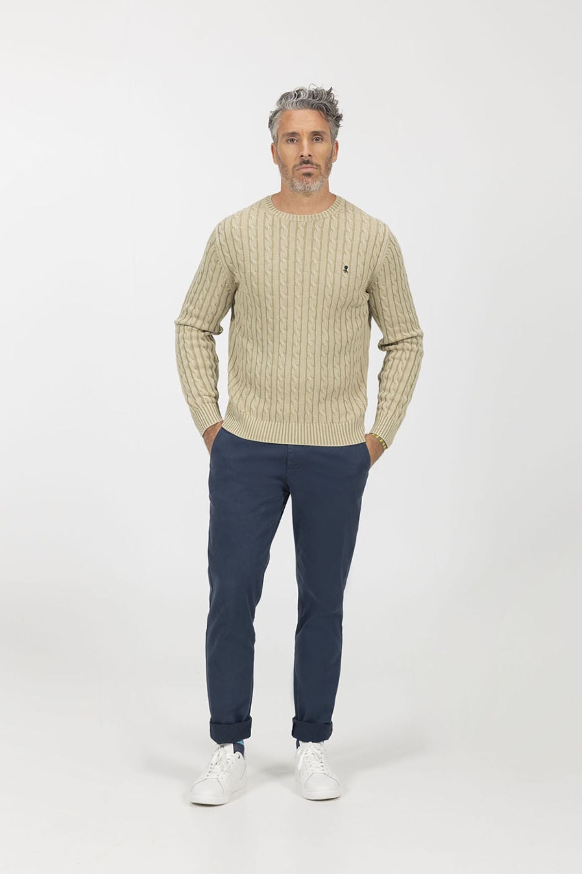 KHAKI GREEN WASHED CABLE KNIT SWEATER