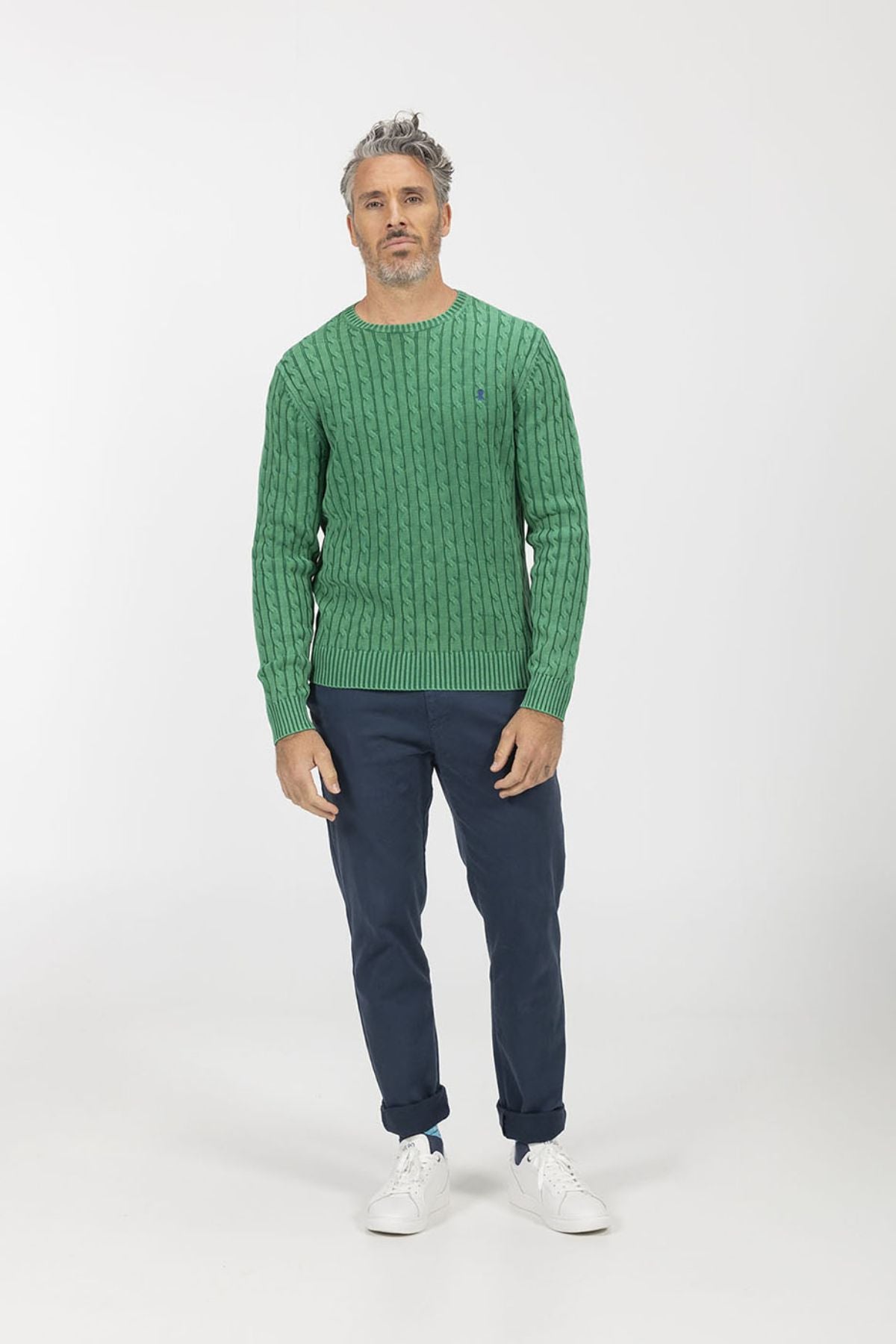 ENGLISH GREEN WASHED CABLE KNIT SWEATER