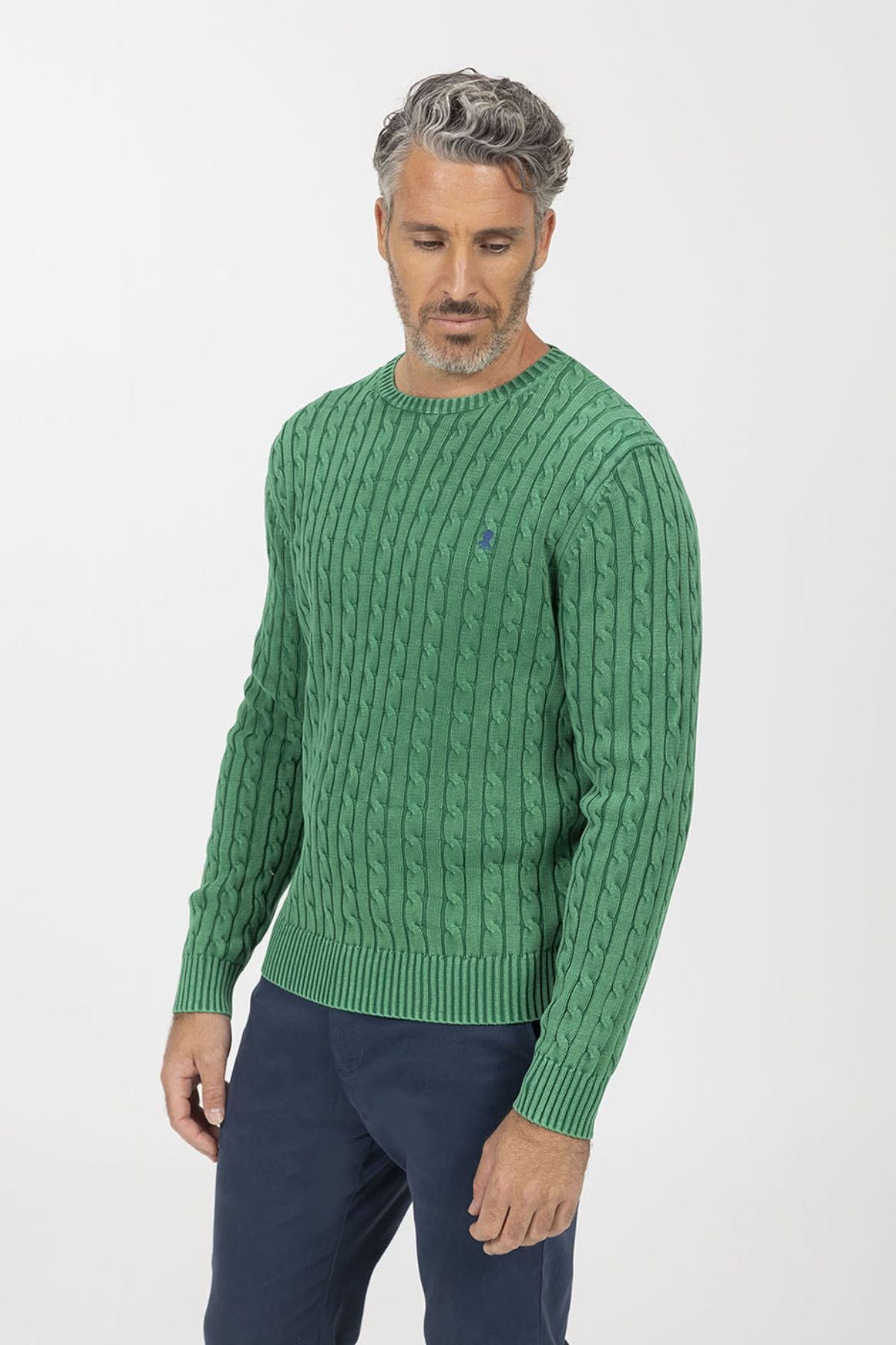 ENGLISH GREEN WASHED CABLE KNIT SWEATER