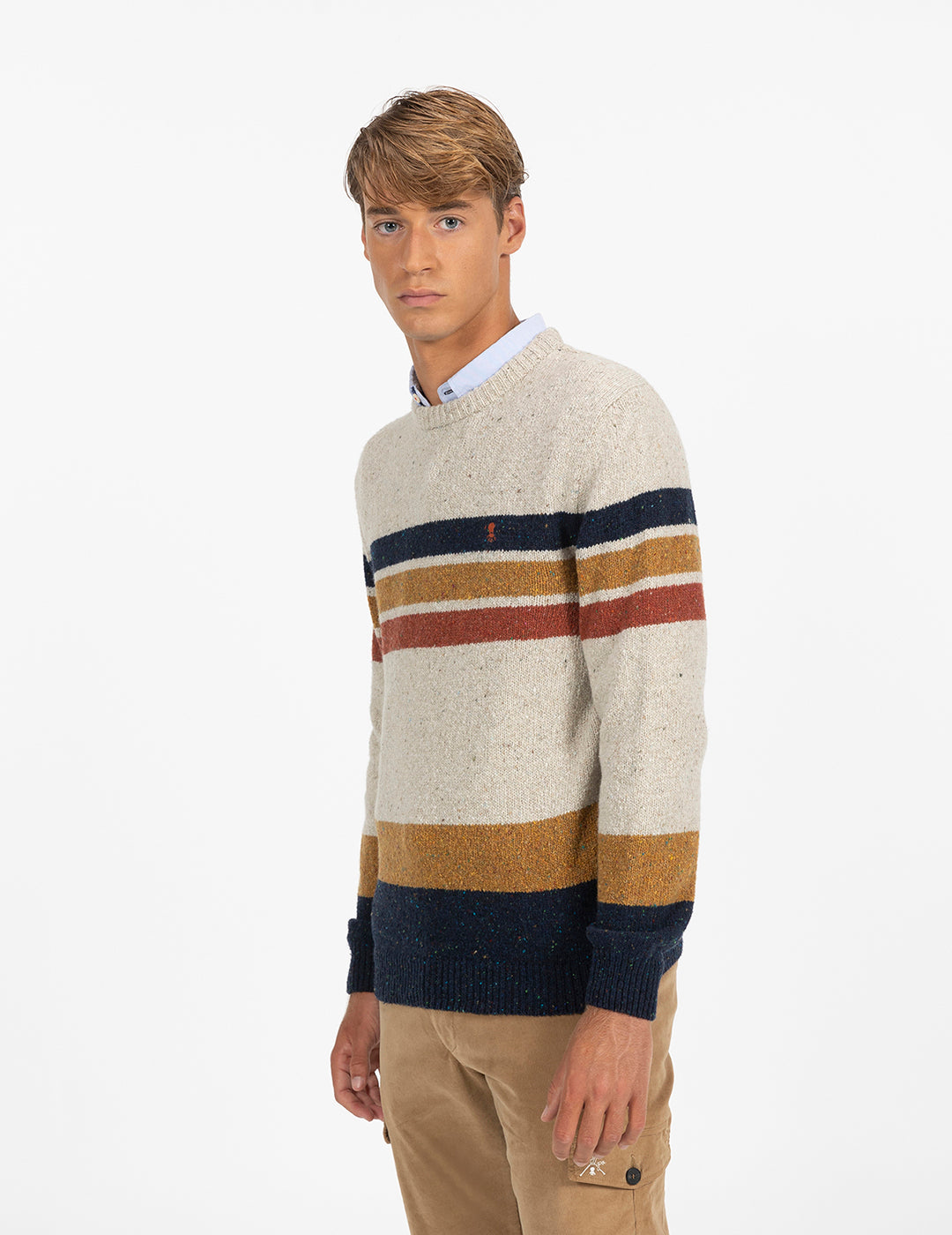 MARBLE KNITTED SWEATER WITH COMBINED NAVY BLUE STRIPES