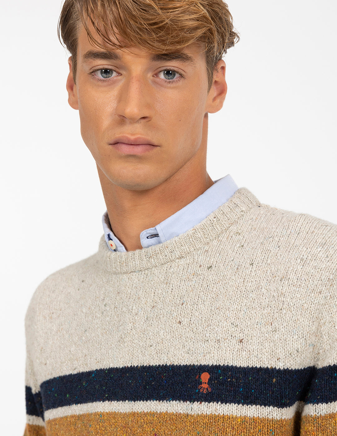 MARBLE KNITTED SWEATER WITH COMBINED NAVY BLUE STRIPES