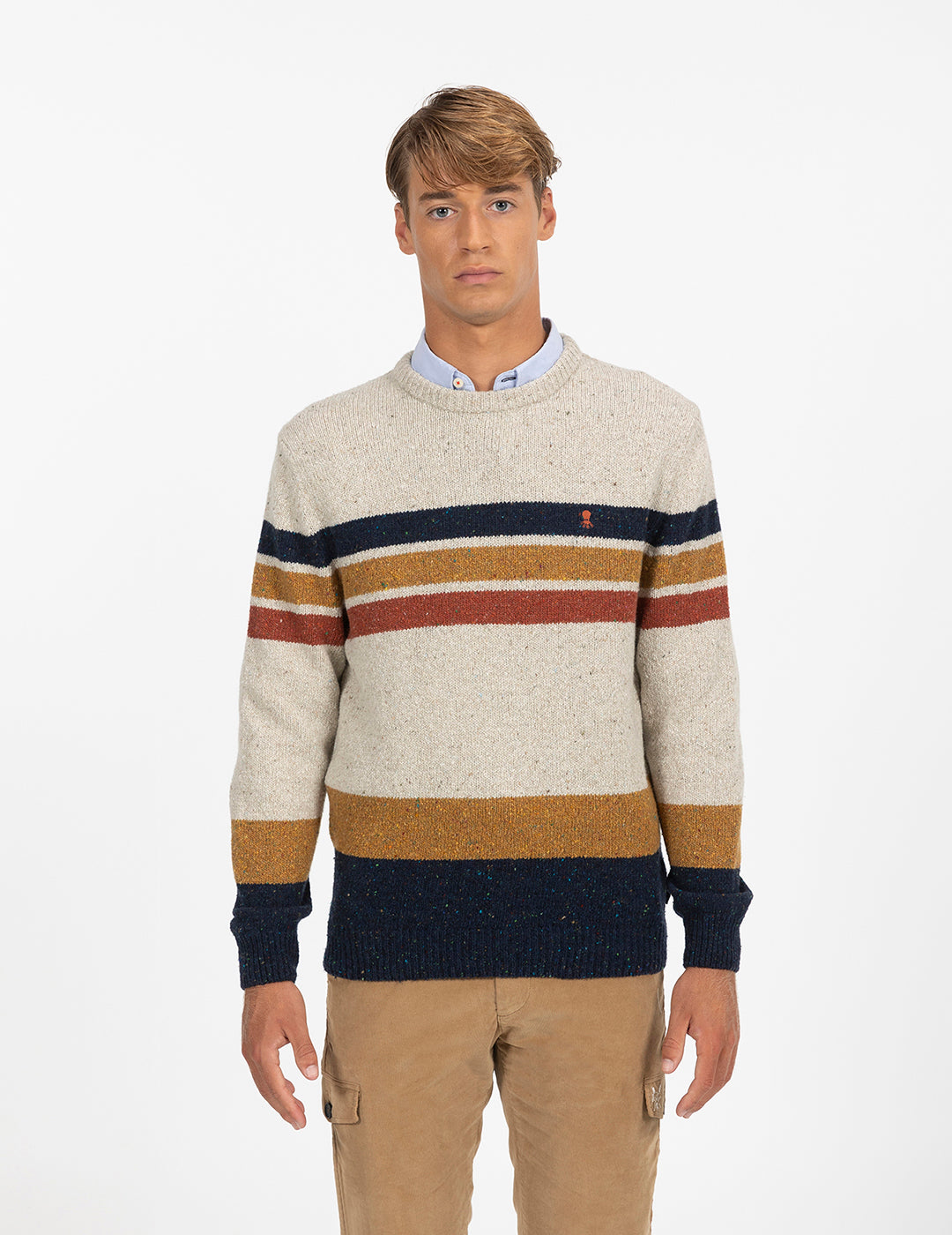 MARBLE KNITTED SWEATER WITH COMBINED NAVY BLUE STRIPES