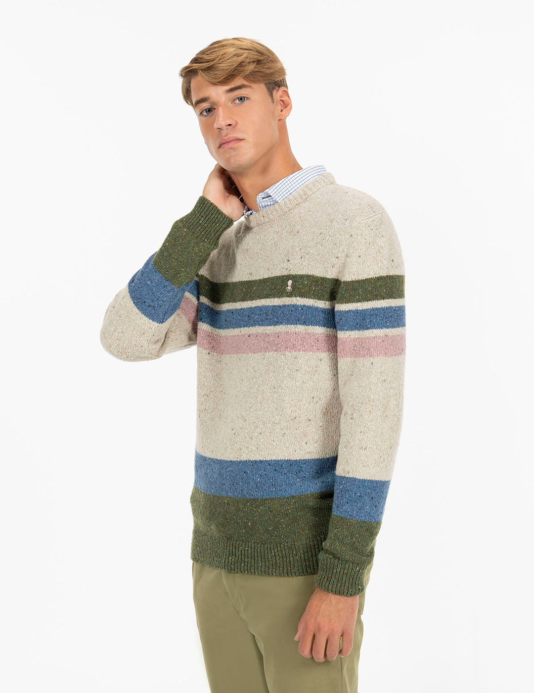 KHAKI GREEN COMBINED STRIPED MARBLE KNITTED JERSEY