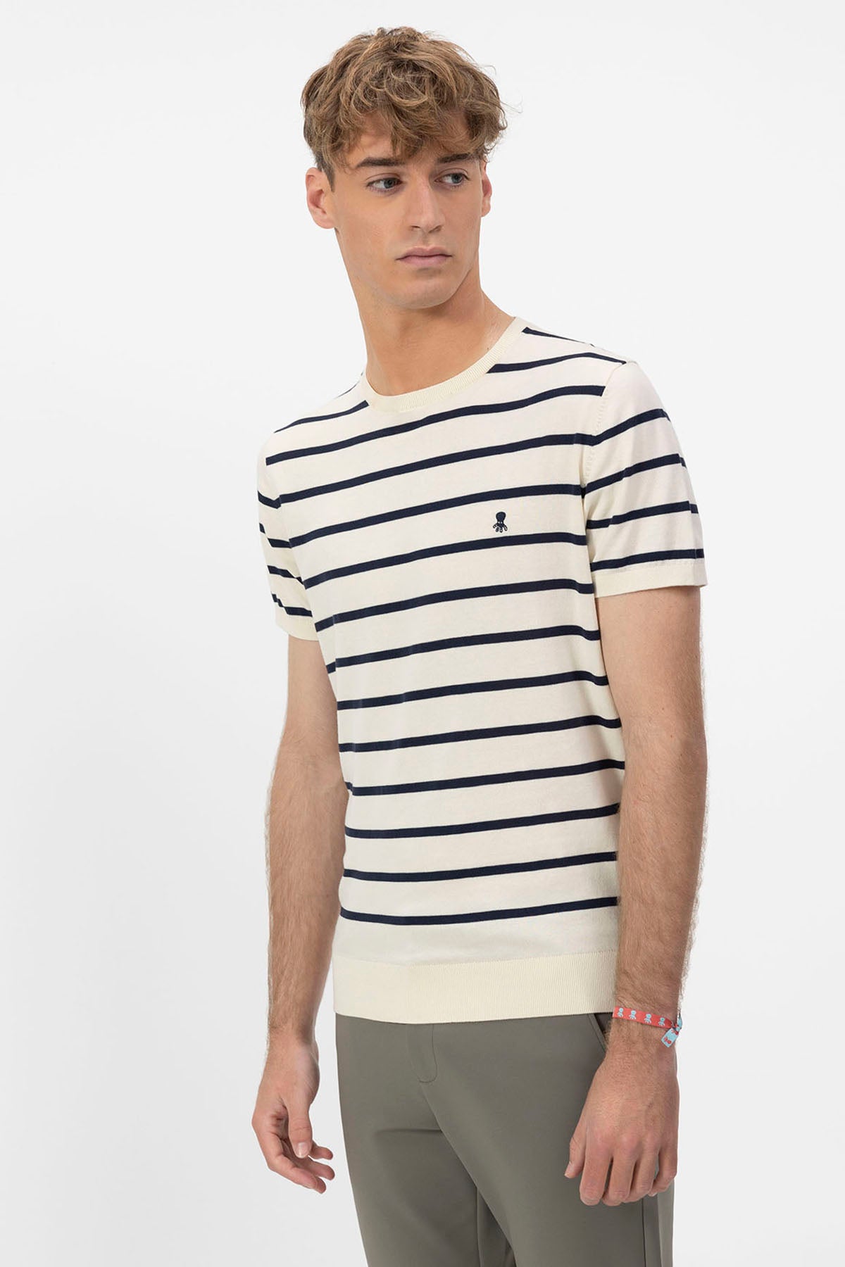 EXTRA FINE WASHED KNITTED T-SHIRT WITH PURE WHITE STRIPES