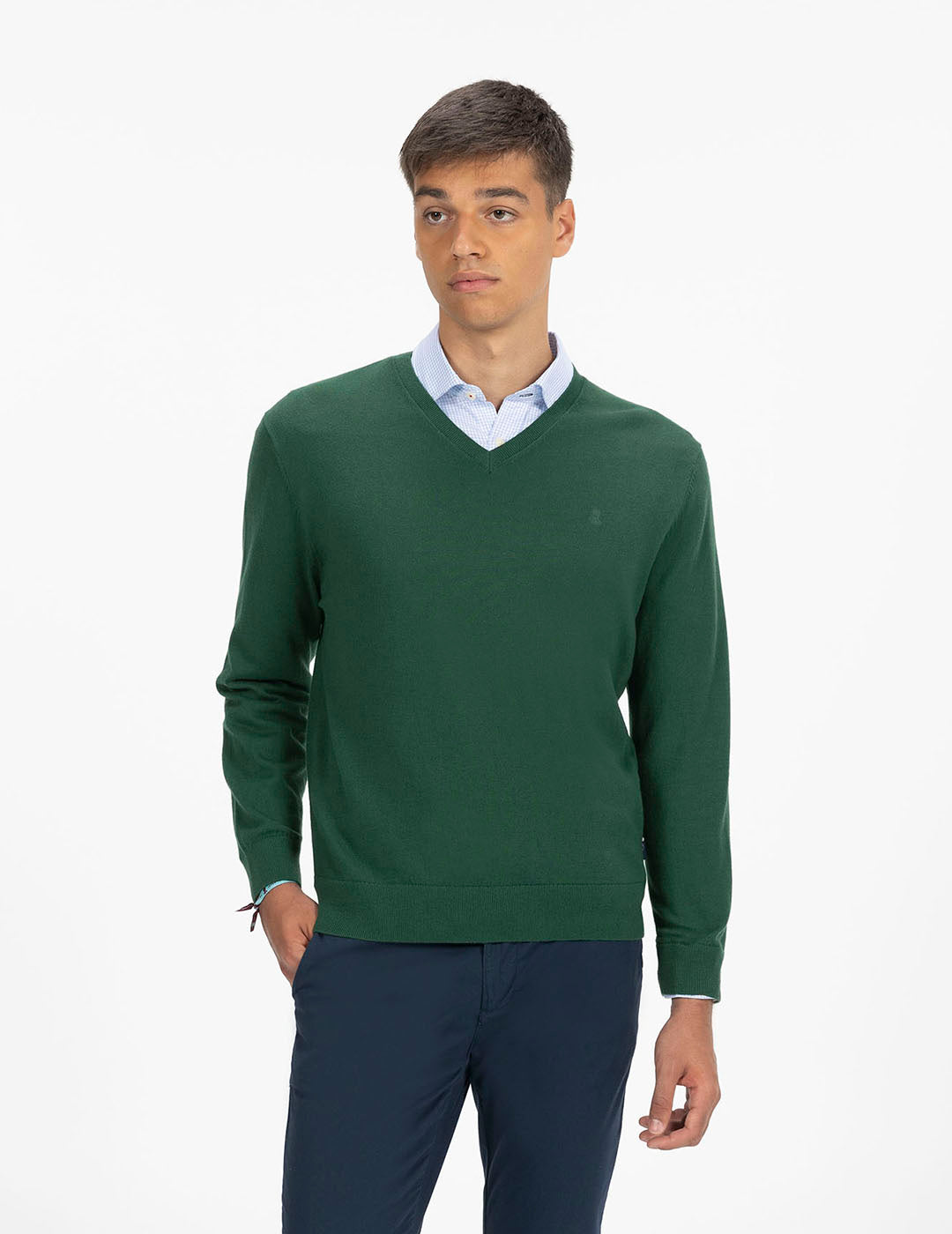 V-NECK SWEATER WITH BOTTLE GREEN LOGO MIX