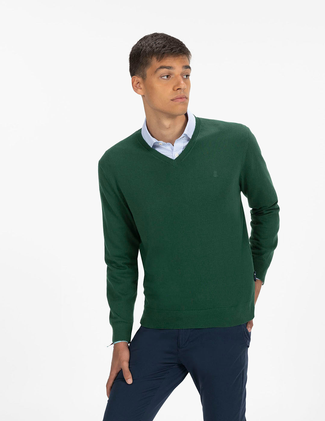 V-NECK SWEATER WITH BOTTLE GREEN LOGO MIX