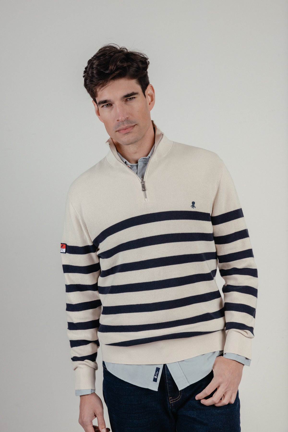 Jersey perkins punto perlado rayas bandera blanco roto