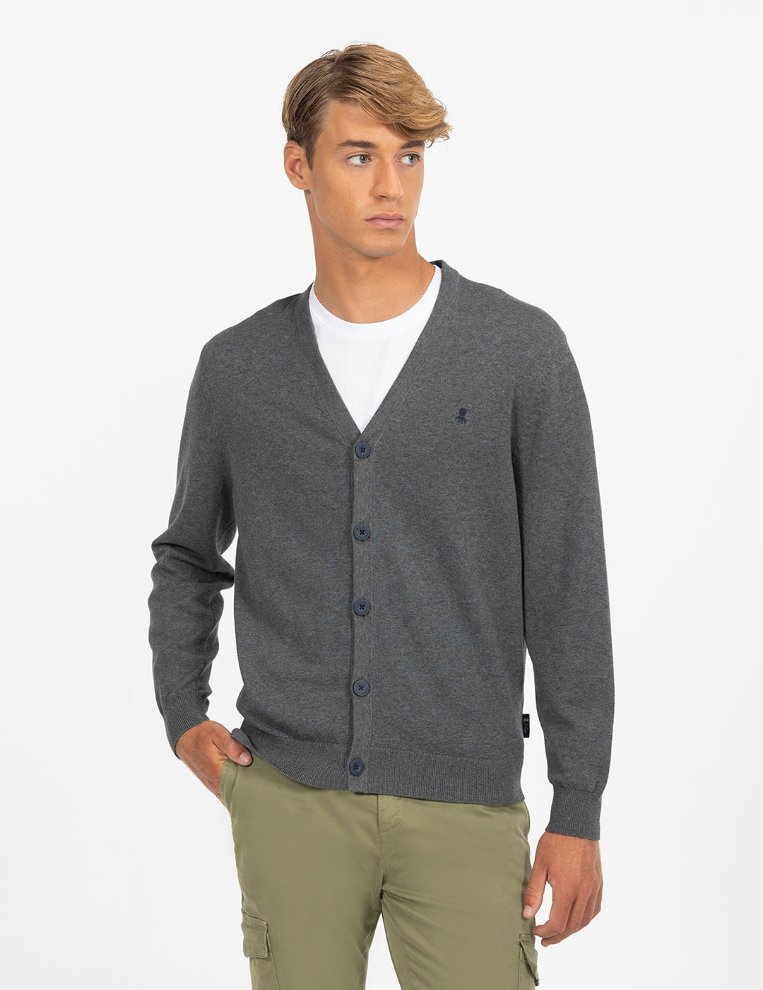 VIGORÉ GRAY EMBROIDERED LOGO BASIC CARDIGAN