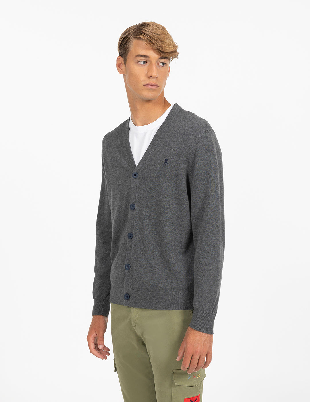 VIGORÉ GRAY EMBROIDERED LOGO BASIC CARDIGAN