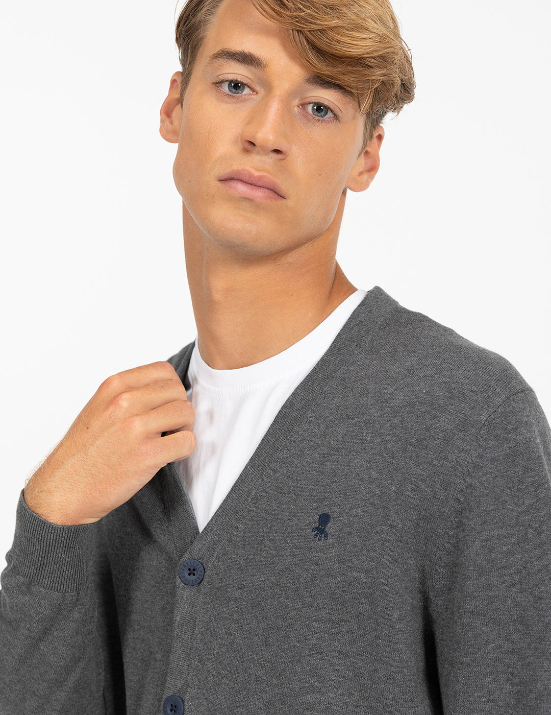 VIGORÉ GRAY EMBROIDERED LOGO BASIC CARDIGAN