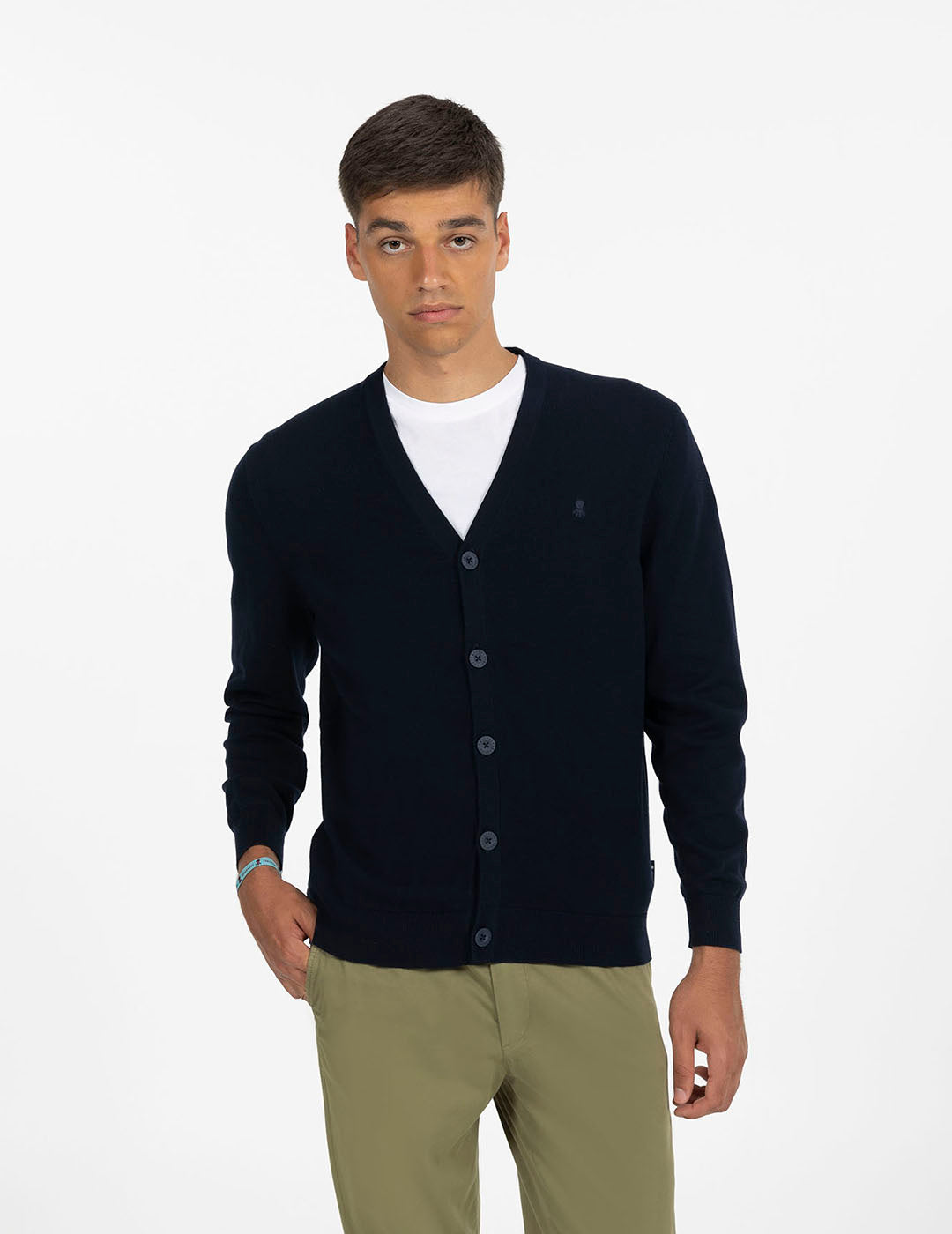 NAVY BLUE EMBROIDERED LOGO BASIC CARDIGAN