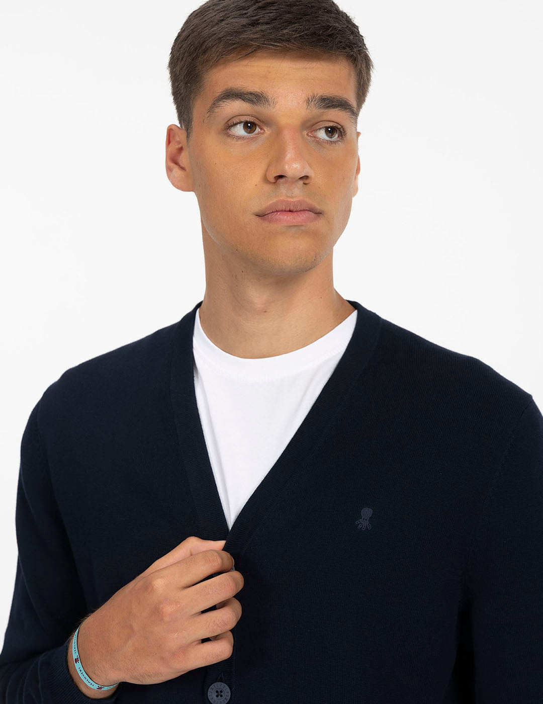 NAVY BLUE EMBROIDERED LOGO BASIC CARDIGAN