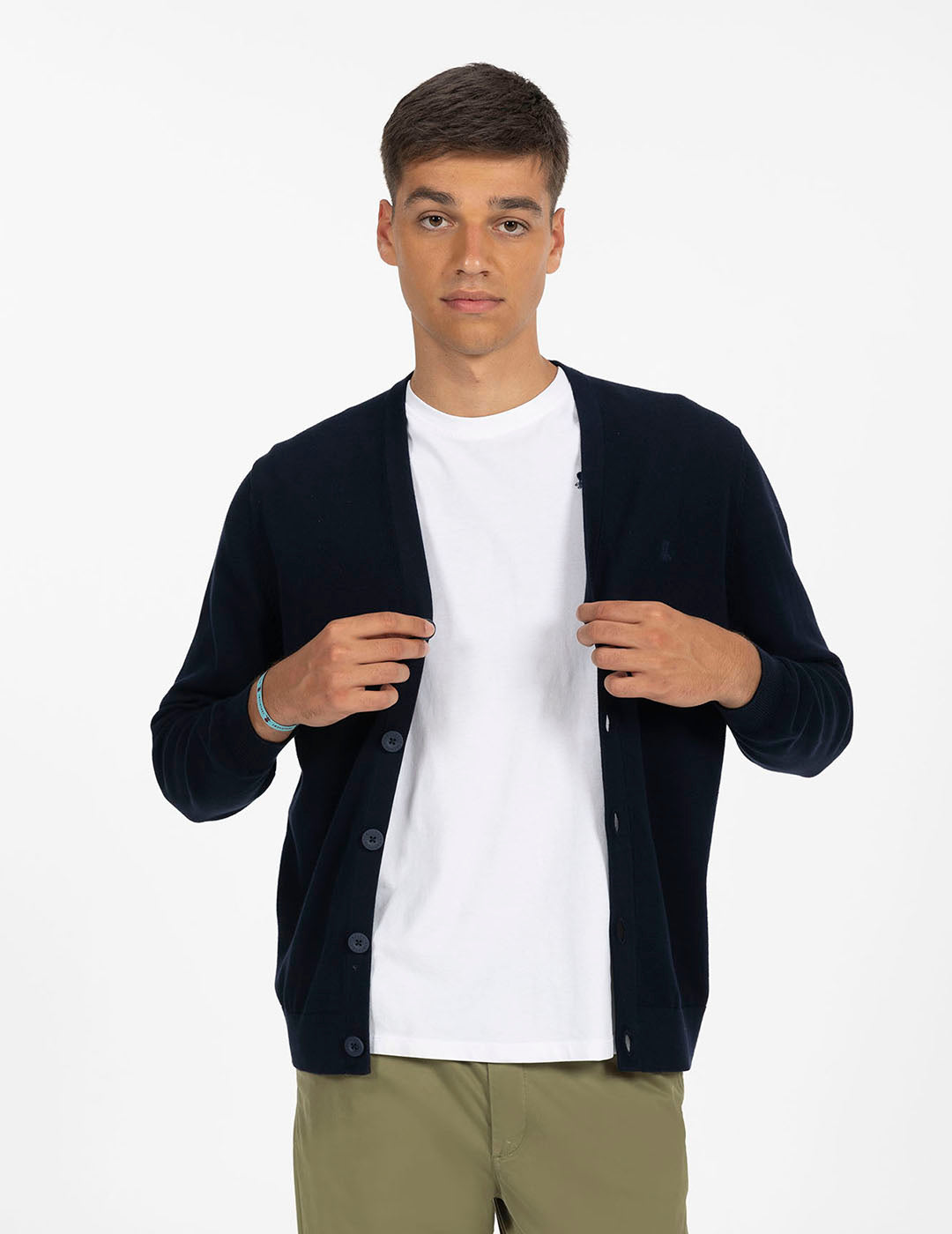 NAVY BLUE EMBROIDERED LOGO BASIC CARDIGAN